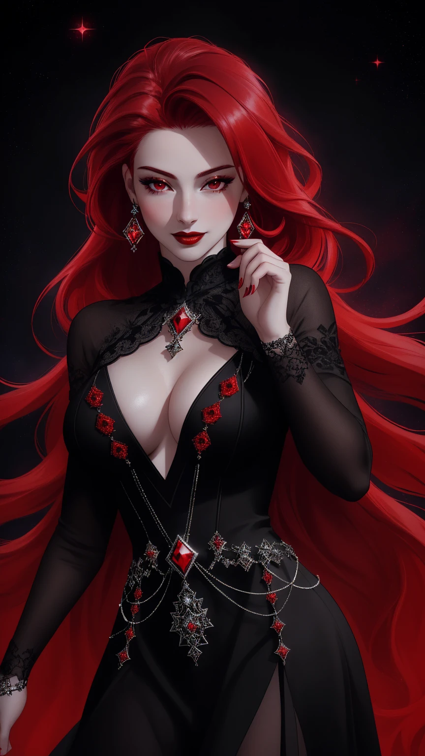 (Masterpiece - Ultra-Detailed, High Resolution) ((vivid red hair)), mature woman, 30 years old, diamond face, red starry sky background, depth of field, magic, big red lips, ((dark and red black eyes)) black and red long and full dress, covered chest, mystical atmosphere, ominous shadows, Intense blue aura, Intense red aura (best quality:1.2), absurdres, intricate details, (highly detailed skin:1.2), smile expression, posing, taut and well defined body, attractive. Highly realistic, pale skin, beautiful, hyperrealism, skin very elaborated, direct gaze, dancing lightly