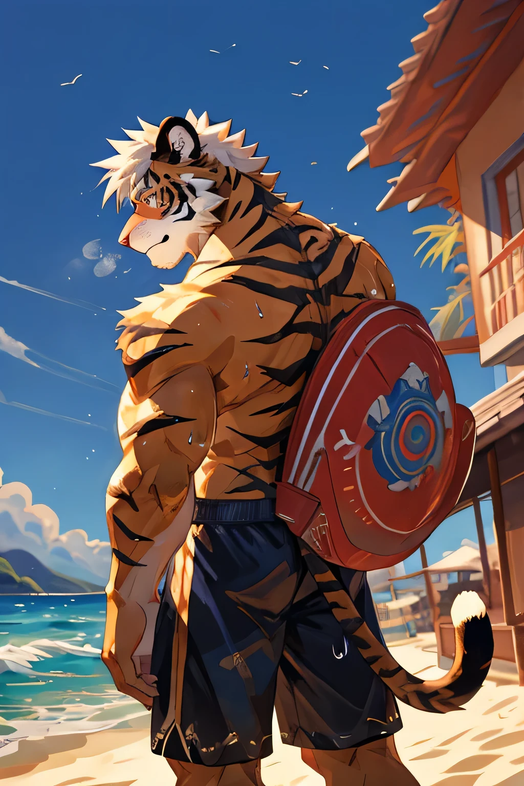 watercolor,Ukiyo-e Art,daytime,sunshine,etching,Natural Lighting,Kyoto Animation,(((Beach))),male,juvenile,(((furry))),tiger,Black eyes,Strong body,Close-up of face,(((Full body portrait))),High purity shades,High Detail,high quality,(((Naked))),(((Black swimming trunks))),(((nude))),Bright,Octane Rendering,((There is only one person)),Blur,midsummer,White hair,(((blush))),(((Stimulate))),comfortable,pleasure,(((respite))),(((Large male features))),Tempting,(((Sweating))),((((seaside)))),((((No clothes))))