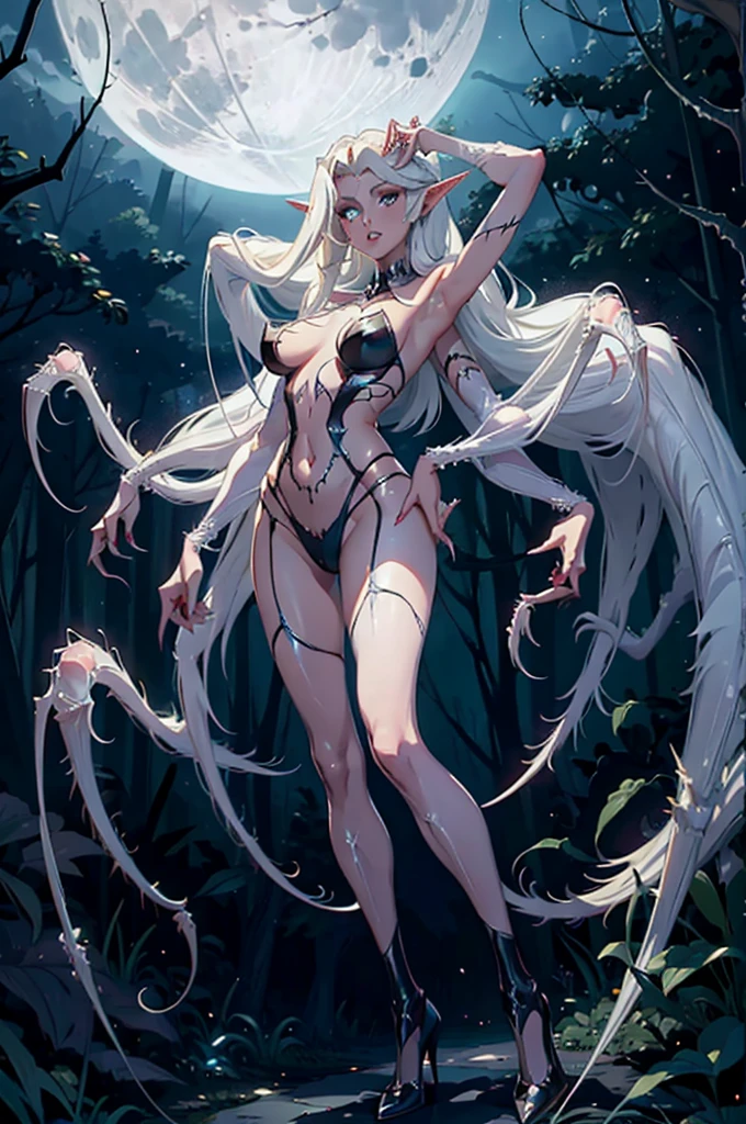 ExtraArms, Full body shot, show all of her. A pale elf resembling Paris Hilton is transforming into a man eating spider monster with huge fangs, monstrous mouth, huge claws, four arms, spider silk translucent clothes. she is in a moonlit forest filled with spiderwebs