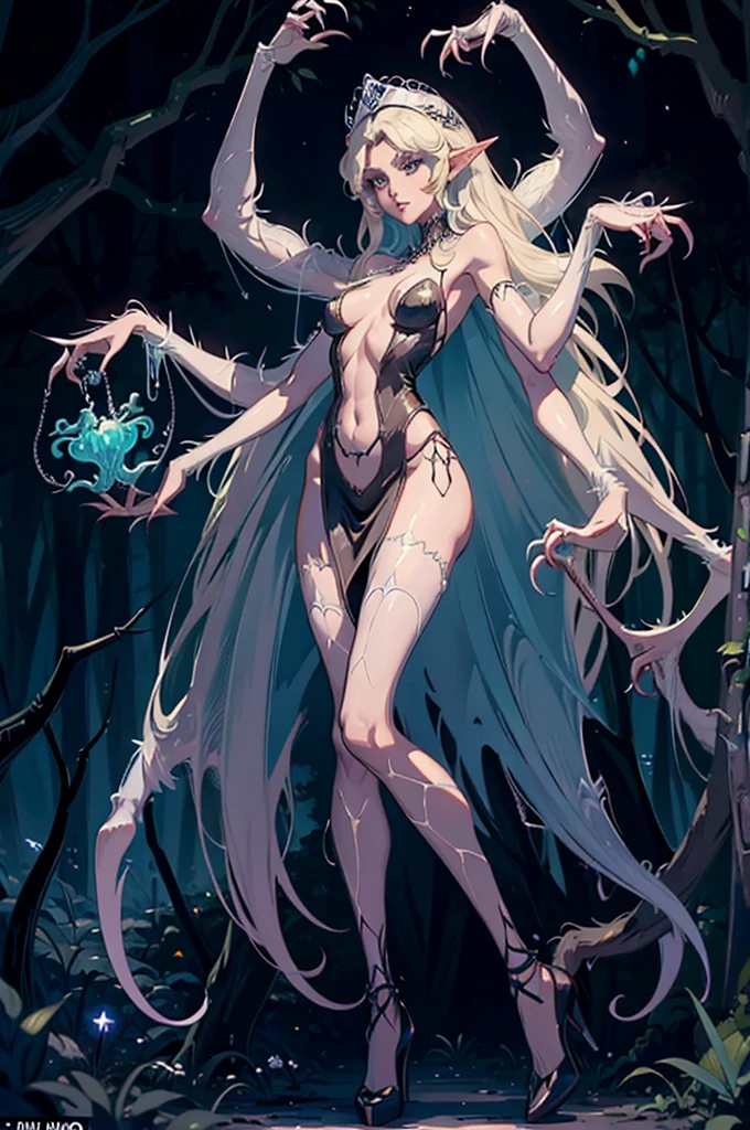 ExtraArms, Full body shot, show all of her. A pale elf resembling Paris Hilton is transforming into a man eating spider monster with huge fangs, monstrous mouth, huge claws, four arms, spider silk translucent clothes. she is in a moonlit forest filled with spiderwebs