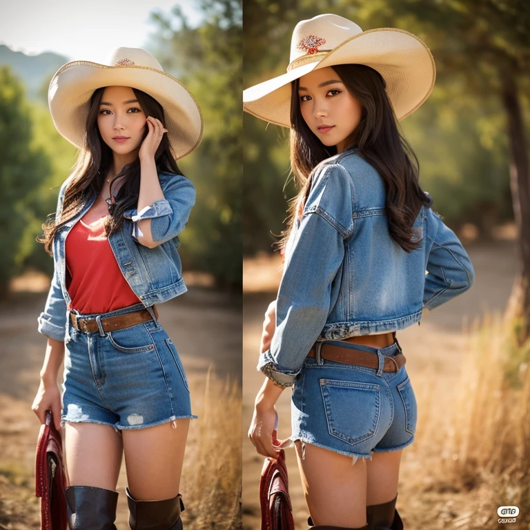 "25 year old young woman, His long hair flowed up.,) Carrying a brightly colored cowboy hat and leather jacket,) ,Sexy jeans shorts xx,) Album cover art by Yang J, Social trend CG, Beautiful cowboy, cowgirl, western cowgirl, forest, There are red flowers around.,Pearl hut from a dilapidated old place,)) Dressed up as a western sheriff.., female cowgirl, Korean girl" (best quality, 10, height:1.2), 8K Special Details, (realistic:1.37), Portrait, Full body, Posing from different angles,, bright colors, Warm light, shot with a high quality camera 45,000,000,000,Pixels,