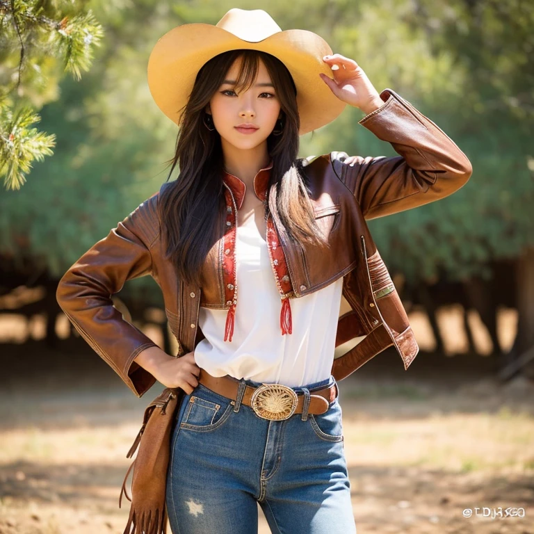 "25 year old young woman, His long hair flowed up.,) Carrying a brightly colored cowboy hat and leather jacket,) ,Sexy jeans shorts xx,)  Album cover art by Yang J, Social trend CG, Beautiful cowboy, cowgirl, western cowgirl, forest, There are red flowers around.,Pearl hut from a dilapidated old place,)) Dressed up as a western sheriff.., female cowgirl, Korean girl" (best quality, 10, height:1.2), 8K Special Details, (realistic:1.37), Portrait, Full body, Posing from different angles,, bright colors, Warm light, shot with a high quality camera 45,000,000,000,Pixels,