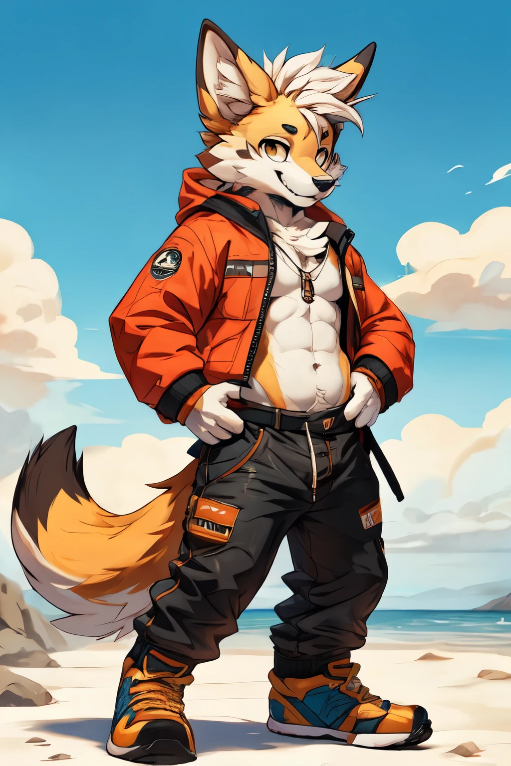 zorrito de fennek con pelaje amarillo desierto de cuerpo entero con chaqueta roquera de piel naranja con pantalones negros de cuero