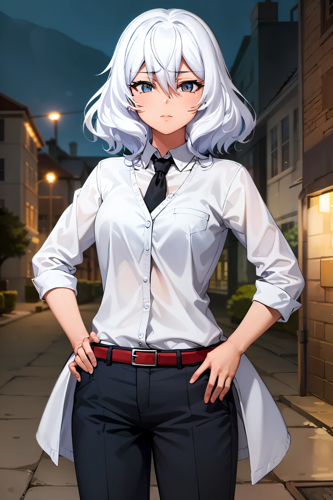 deep skin,textured skin, Altria Grem,
BREAK (formal, coat, collared shirt, black necktie, black pants:1,2)
BREAK hands in pockets, street, night, cowboy shot,
BREAK (masterpiece:1.2), best quality, high resolution, unity 8k wallpaper, (illustration:0.8), (beautiful detailed eyes:1.6), extremely detailed face, perfect lighting, extremely detailed CG, (perfect hands, perfect anatomy),