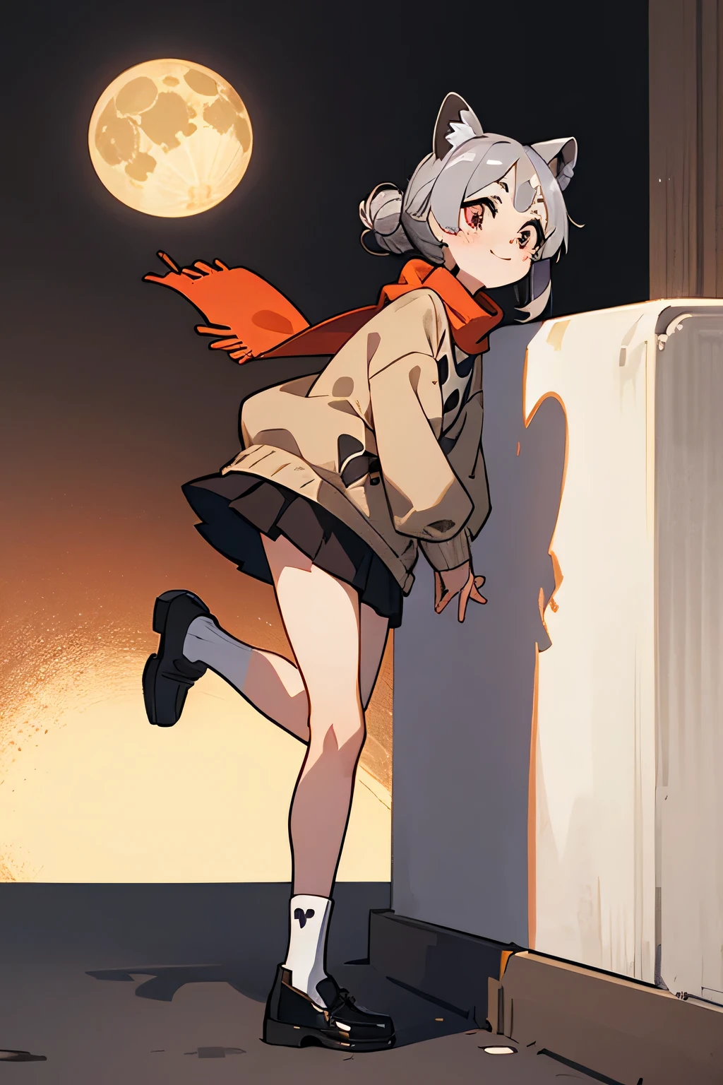 Raccoon Lady，Polka-dotted eyebrows，Full of smiles，Full body view，Close Range，eye contact，Light grey hair，Raccoon pattern，Red scarf，Dark Brown Low Neck Wide Sweater，Wearing a beige short-sleeved sweater，Black long skirt，Must have raccoon tail，Clear facial features，droopy eyebrows，dim background，Night sky background，Full moon background，Shy expression，Backlit environment，Animal ears，Q Print Style，Bangs，Medium-length hair，Side Bun，personality，White bubble socks，Black leather shoes，Figure leaning against wall，Inward Eight Standing Pose，Anime style，Vaporwave style