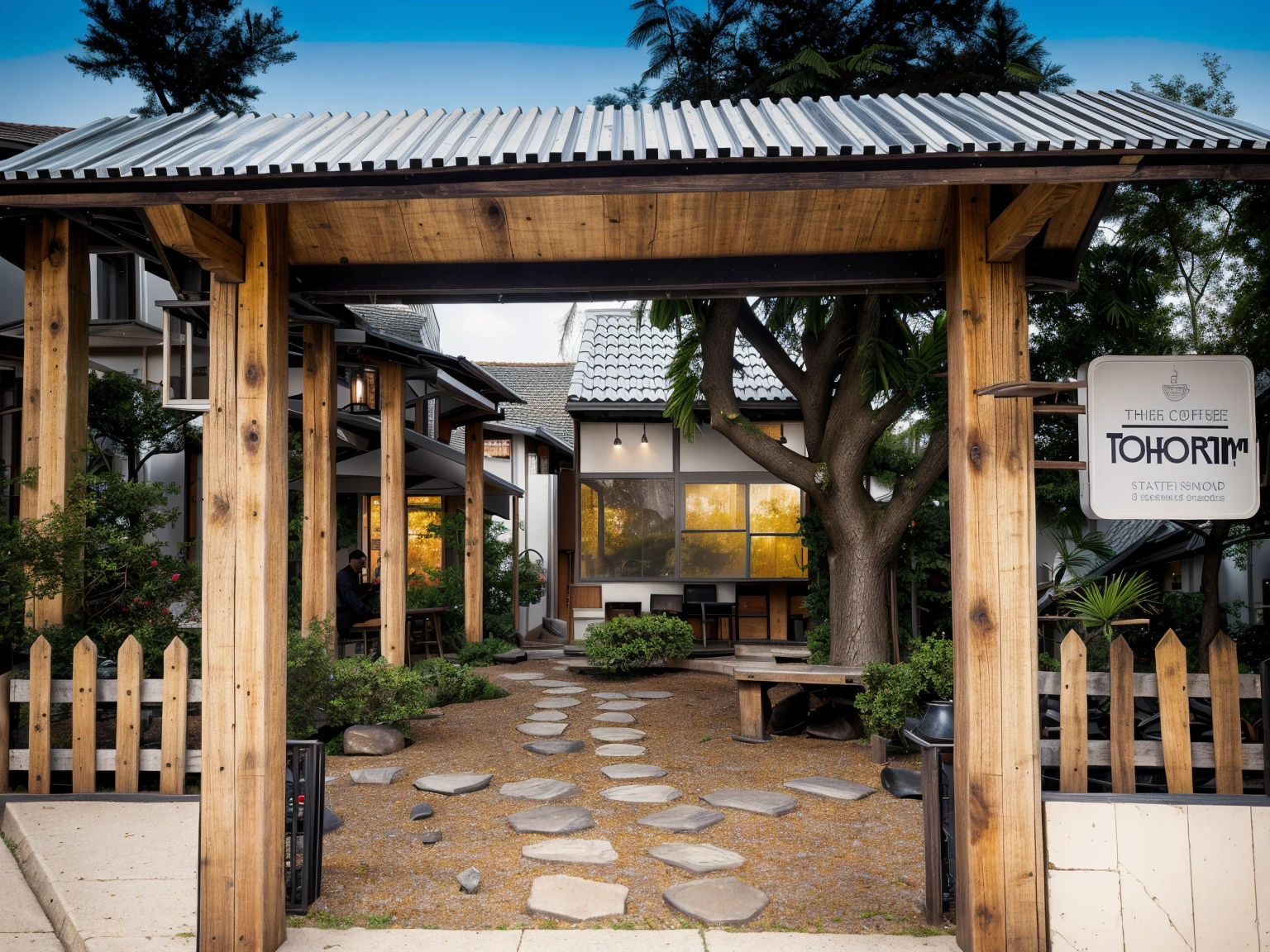 modern coffee shop, large yard,wooden pallets, 1 road runs in front of the house, Real photo of modern coffee shop,gorgeous design, modern style, sculpture, night lights, shadows, brilliant lights, artistic lighting. Studio photos, intricate details, luxurious and spacious, beautiful, realistic, High resolution, detailed, sharp, 8k uhd quality
