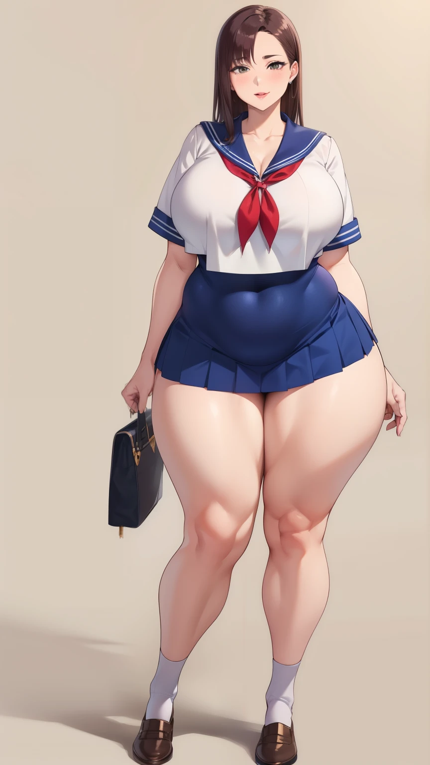 Large Breasts, Big Hips,Full Body Shot, Mature mother, Whipping the lower body, plump thighs, Ample calves, Seductive mature woman, Perfect body, Plus Size Model,high school girl,Sailor suit, The skirt is short,Mature woman wearing Sailor suit,