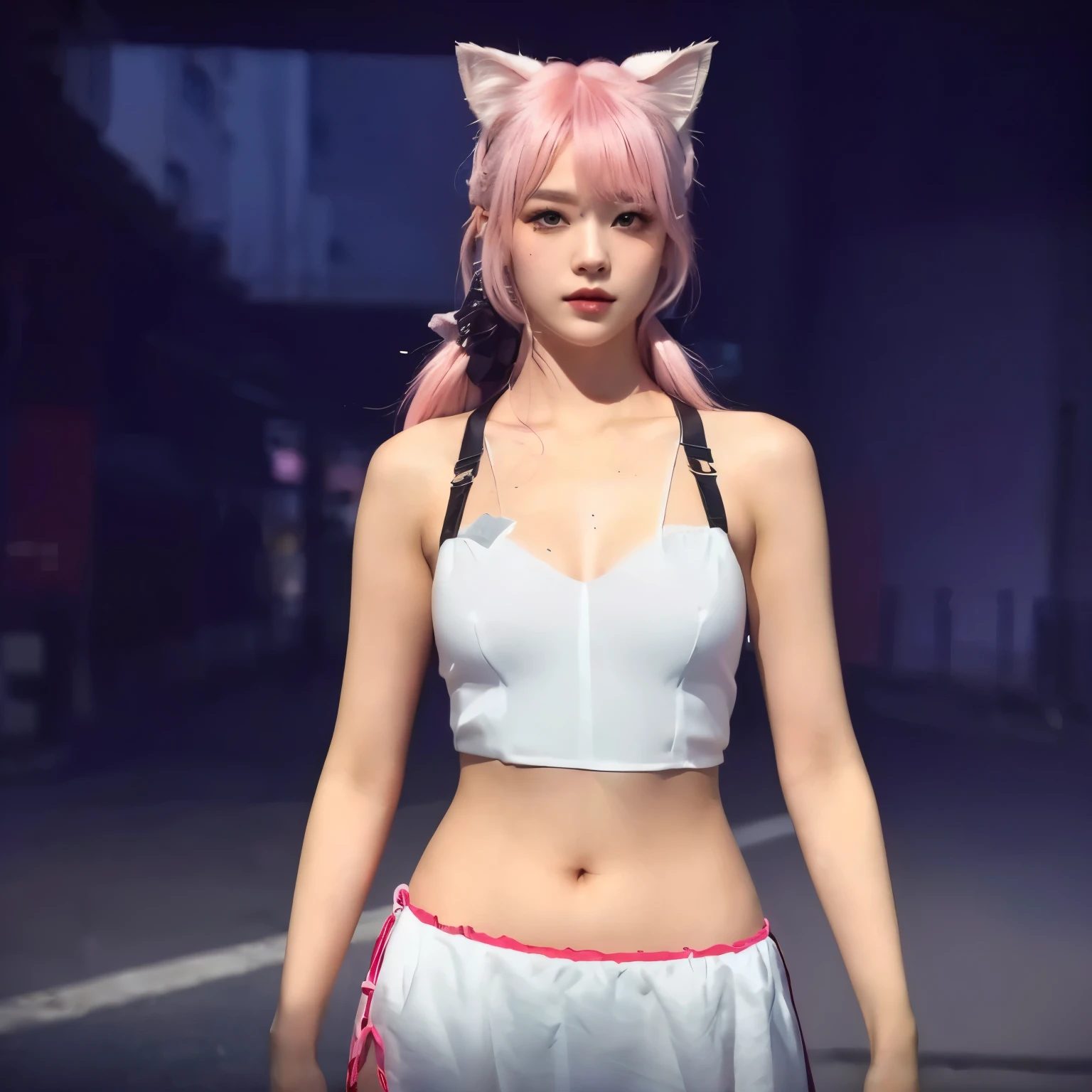 1 girl, pink hair a cat ears, white bra, pony hair, ultra detail, 70 mm lens, 8k, beautiful, cute, sexy, fair skin