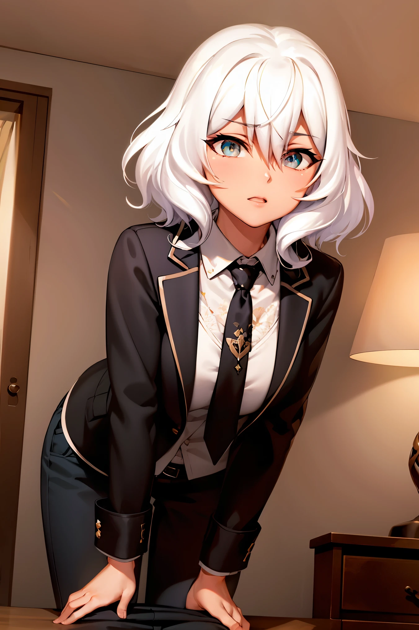 deep skin,textured skin, Altria Grem,
BREAK (formal, coat, collared shirt, black necktie, black pants:1,2)
BREAK panty pull, bent over,
BREAK (masterpiece:1.2), best quality, high resolution, unity 8k wallpaper, (illustration:0.8), (beautiful detailed eyes:1.6), extremely detailed face, perfect lighting, extremely detailed CG, (perfect hands, perfect anatomy),