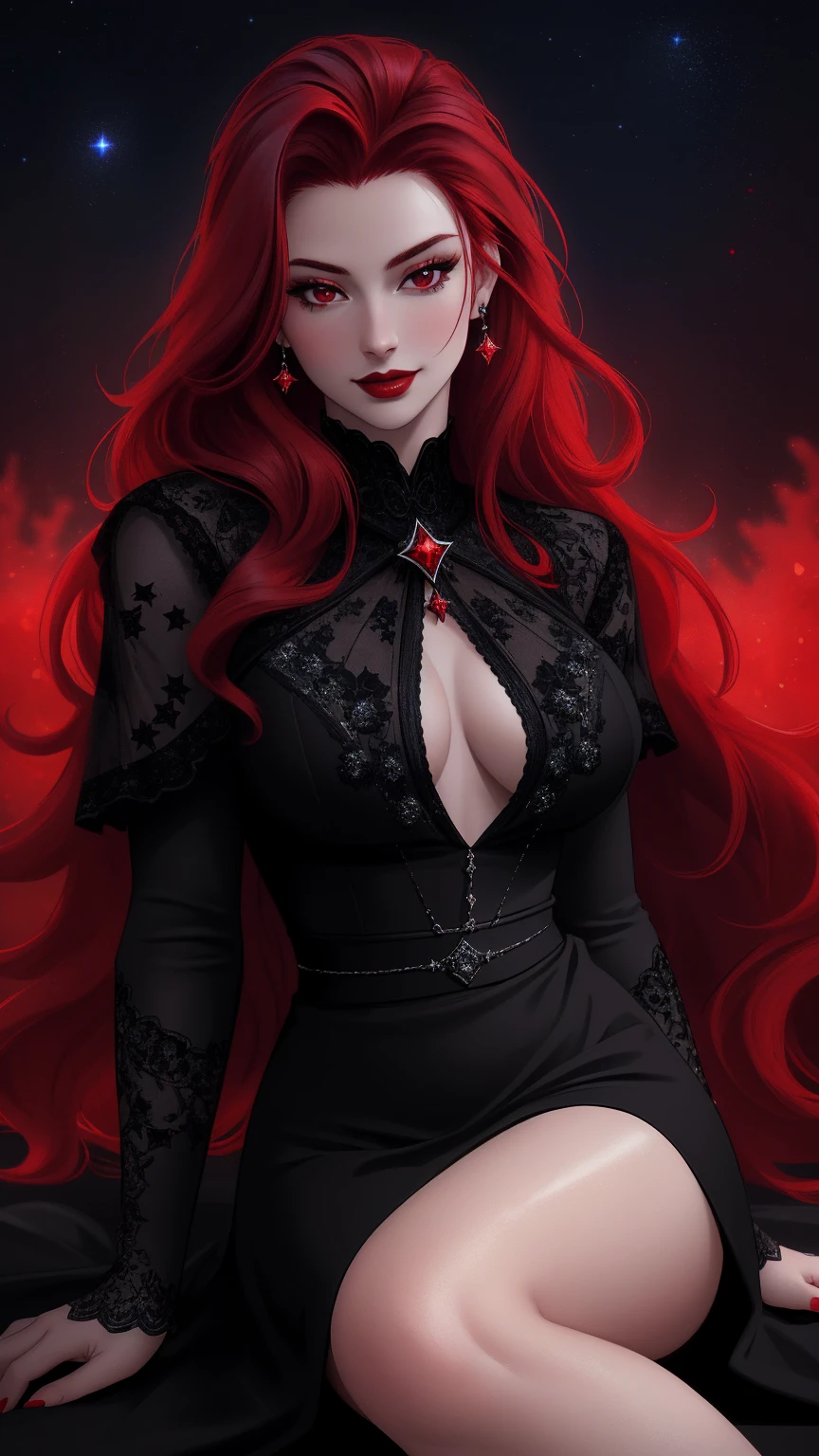 (Masterpiece - Ultra-Detailed, High Resolution) ((vivid red hair)), mature woman, 30 years old, diamond face, red starry sky background, depth of field, magic, big red lips, ((dark and red black eyes)) black and red long and full dress, covered chest, mystical atmosphere, ominous shadows, Intense blue aura, Intense red aura (best quality:1.2), absurdres, intricate details, (highly detailed skin:1.2), smile expression, posing, taut and well defined body, attractive. Highly realistic, pale skin, beautiful, hyperrealism, skin very elaborated, direct gaze, sitting on the ground