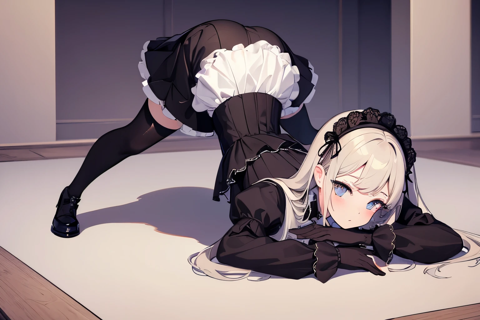 (masterpiece, best quality:1.2), 1girl, lie on the ground，Cocked buttocks，looking at viewert，top-down_bottom-up,gothic lolita dress