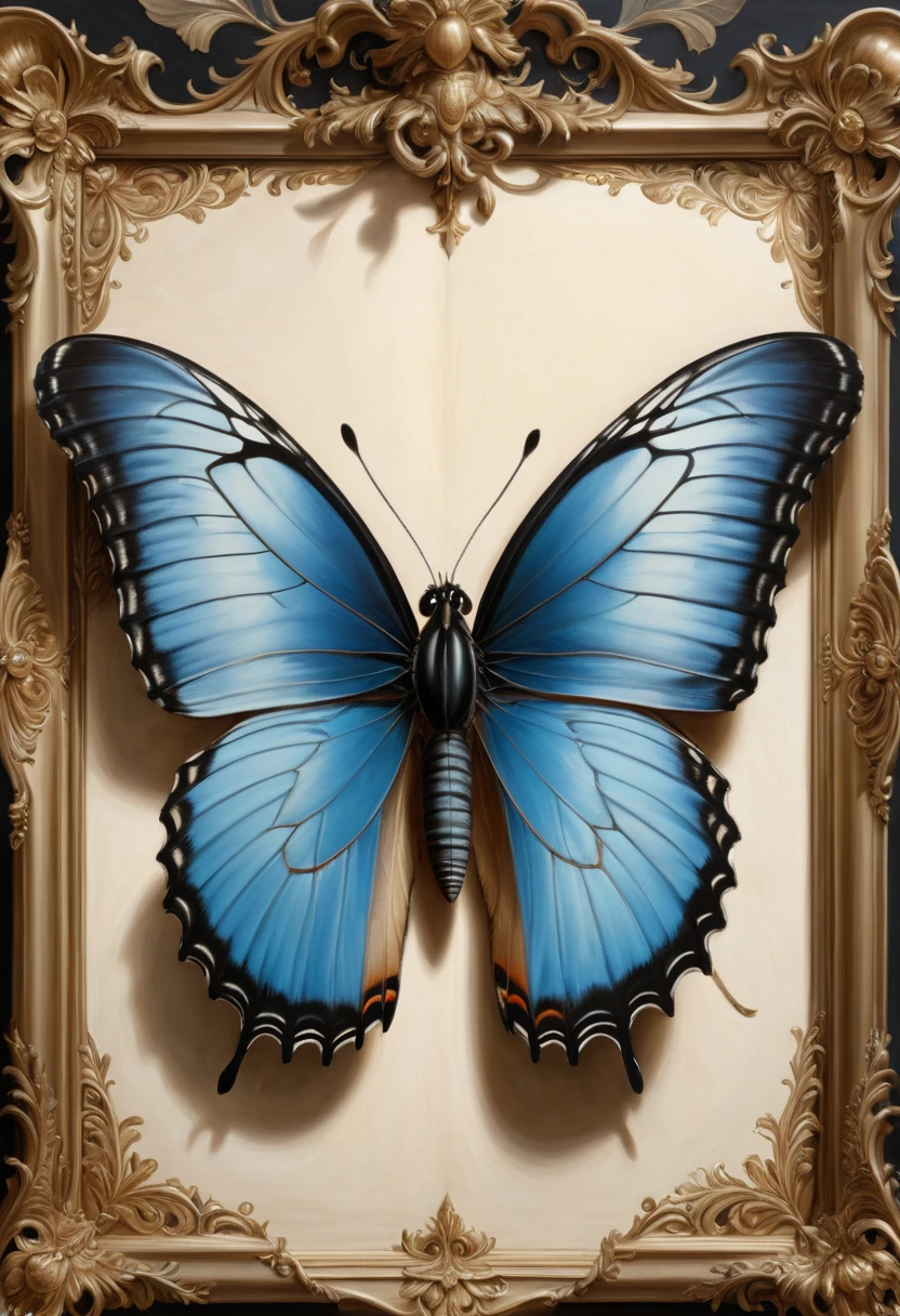 blue butterfly, (masterpiece, best quality, Professional, perfect composition, very aesthetic, absurdres, ultra-detailed, intricate details:1.3), by Raphaelle Peale