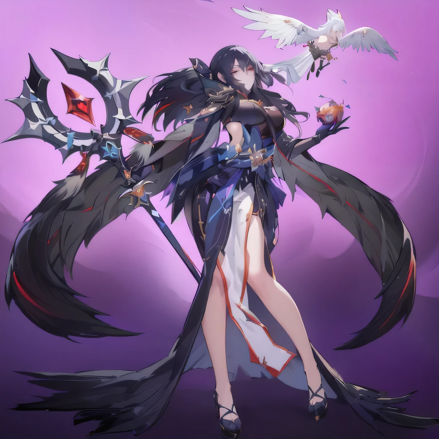 Close-up of a woman holding a sword and a bird, Dark witch full body pose, Onmyoji detailed art, Dark Witch Panorama, Morgana in League of Legends, seraphine Ali kda, Irelia from league of legends, Ali, Dark Witch Character, Irelia, League of Legends style art