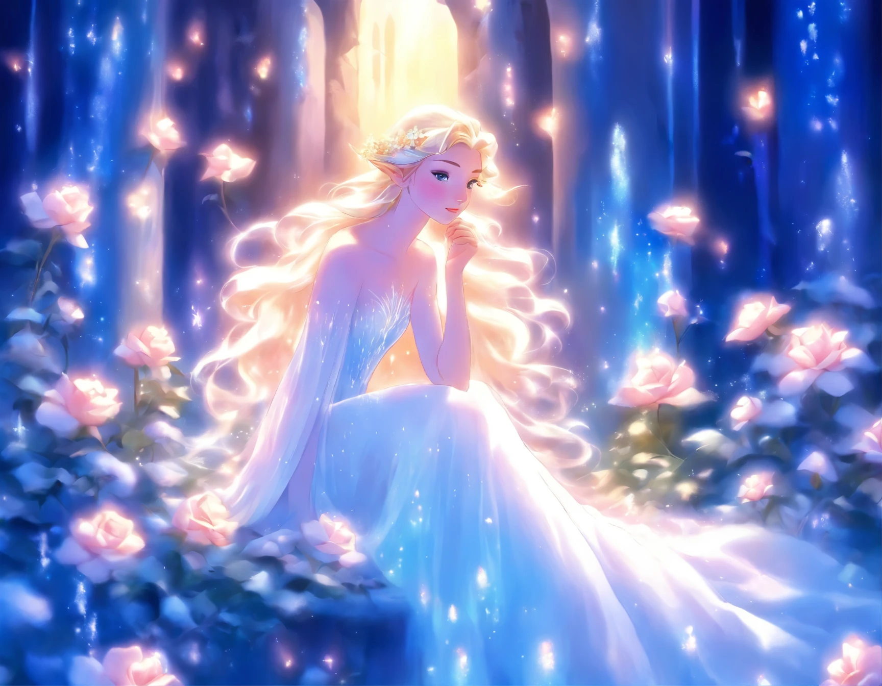 painting of a woman in a white dress sitting on a white rose, with frozen flowers around her, ethereal beauty, galadriel, beautiful fantasy painting, inspired by Nene Thomas, ethereal fairytale, inspired by Edward Robert Hughes, fantasy oil painting, ethereal!!!!!!!, ethereal!!!, enchanted with nature spirit, ethereal fantasy, white witch