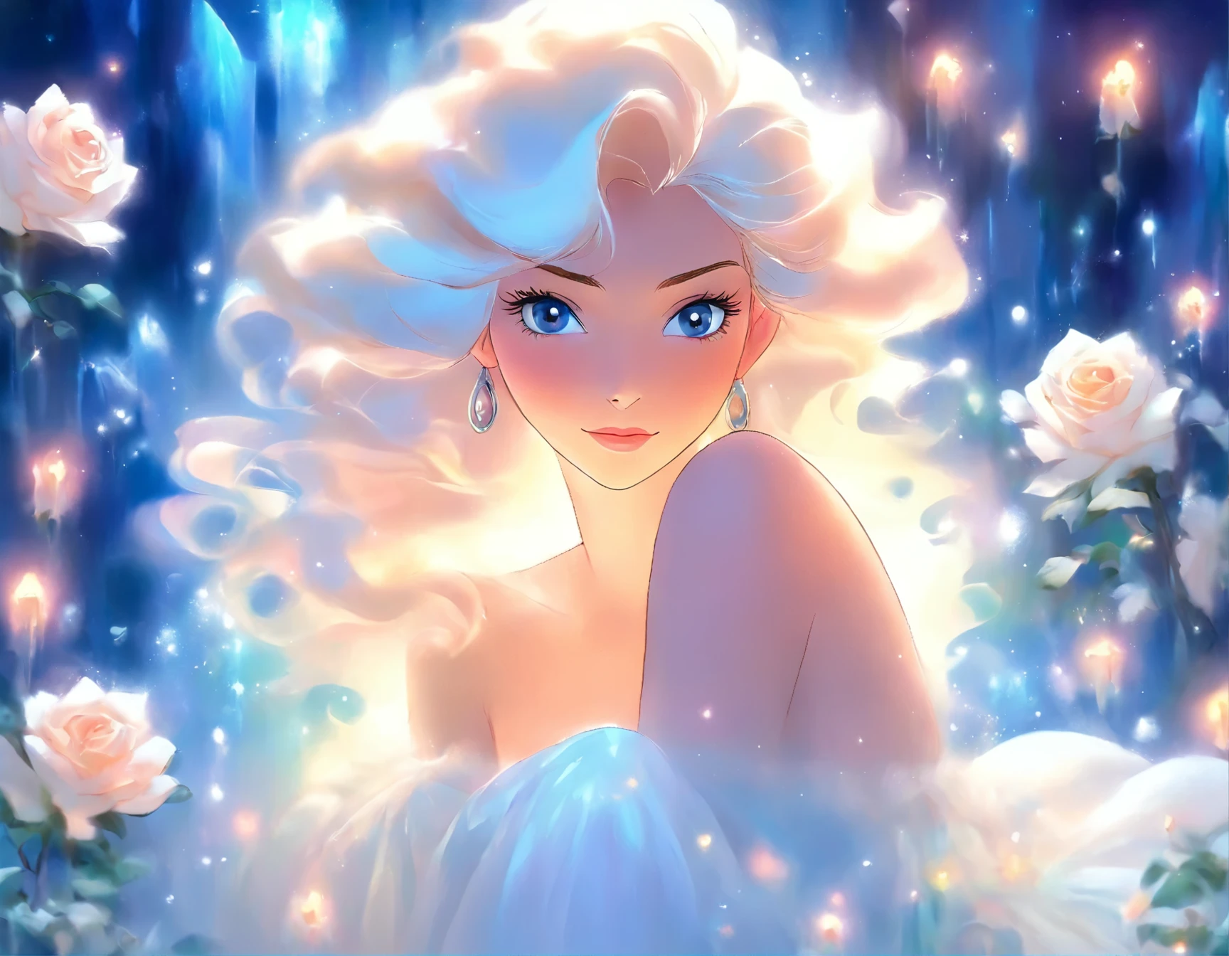 painting of a woman in a white dress sitting on a white rose, an acrylic painting inspired by Nene Thomas, deviantart contest winner, fantasy art, with frozen flowers around her, ethereal beauty, galadriel, beautiful fantasy painting, ethereal fairytale, fantasy oil painting, ethereal!!!!!!!, ethereal!!!, enchanted with nature spirit, ethereal fantasy, white witch