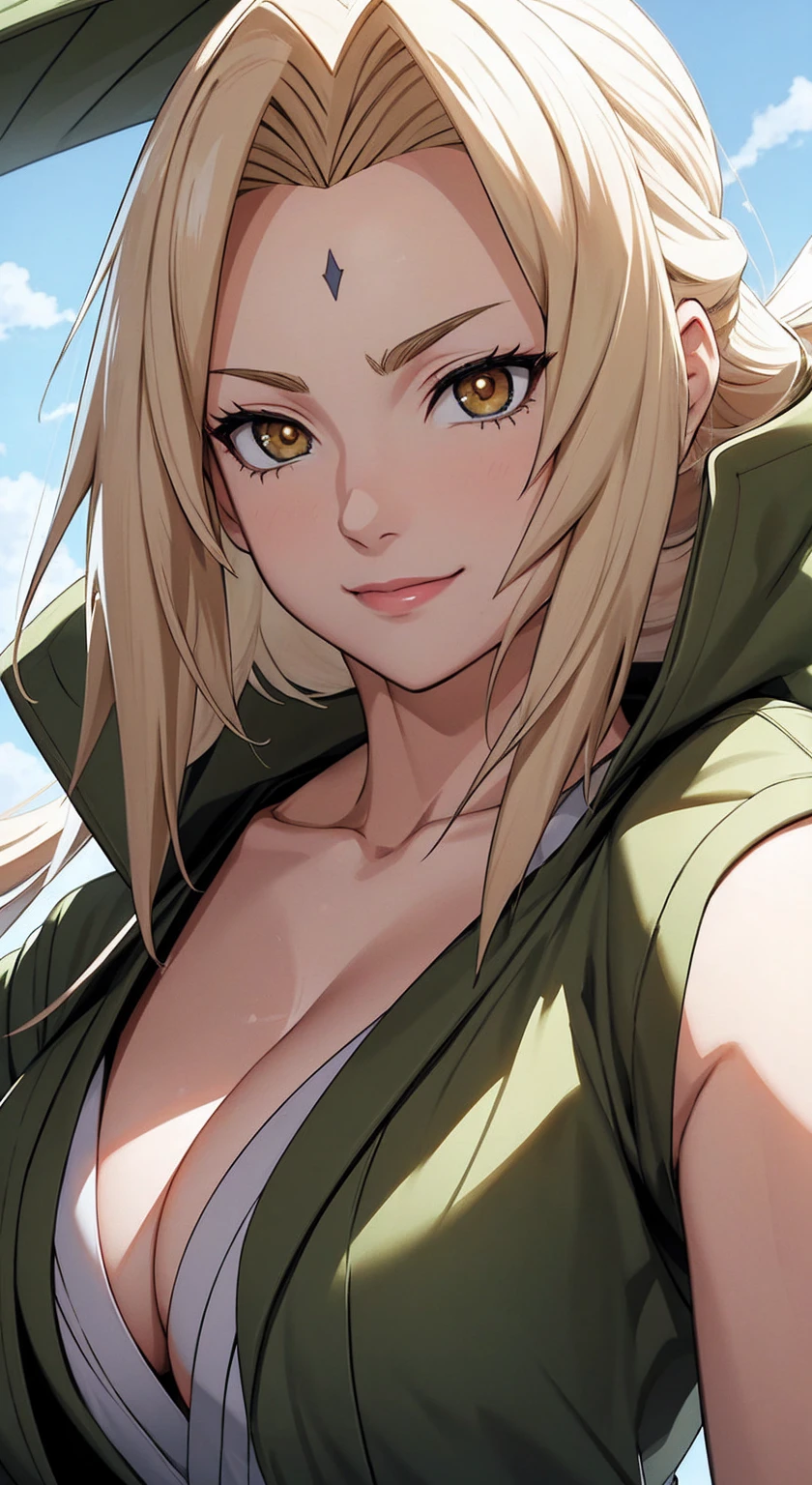 tmasterpiece，blond hairbl，Green coat，Golden eyes，ssmile，slightly fat big breasts，Be red in the face，Headwinds and sagging，best qualtiy，The is very detailed，Bust photo，Get close to the lens，Top-down view，with a good figure，