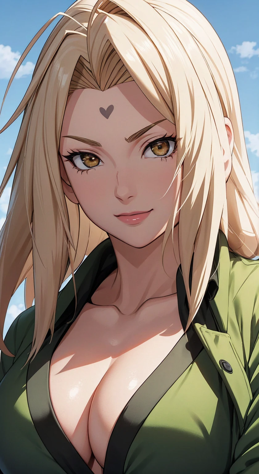 tmasterpiece,blond hairbl,Green coat,Golden eyes,ssmile,slightly fat big breasts,Be red in the face,Headwinds and sagging,best qualtiy,The is very detailed,Bust photo,Get close to the lens,Top-down view,with a good figure,