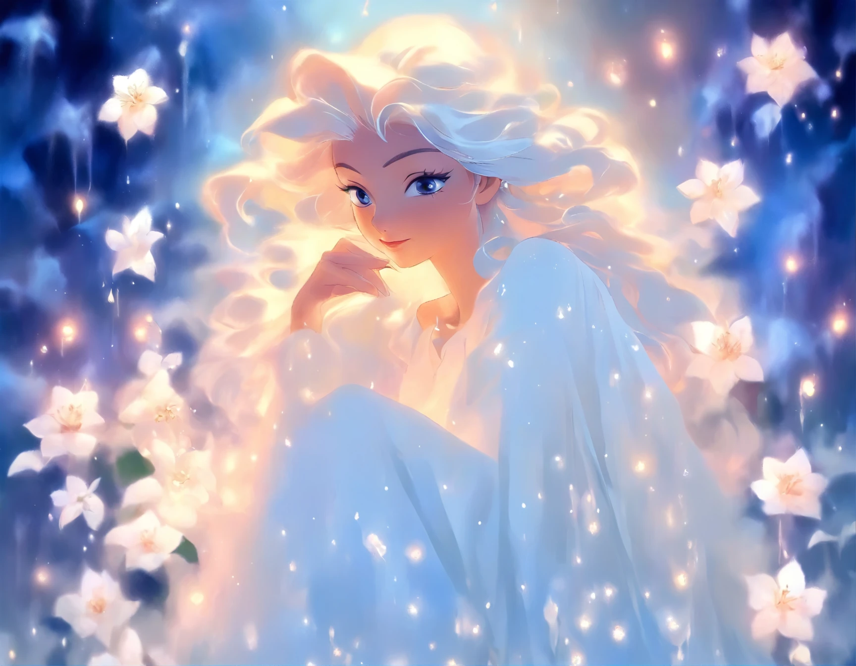 painting of a woman in a white dress sitting on a white rose, an acrylic painting inspired by Nene Thomas, deviantart contest winner, fantasy art, with frozen flowers around her, ethereal beauty, galadriel, beautiful fantasy painting, ethereal fairytale, fantasy oil painting, ethereal!!!!!!!, ethereal!!!, enchanted with nature spirit, ethereal fantasy, white witch