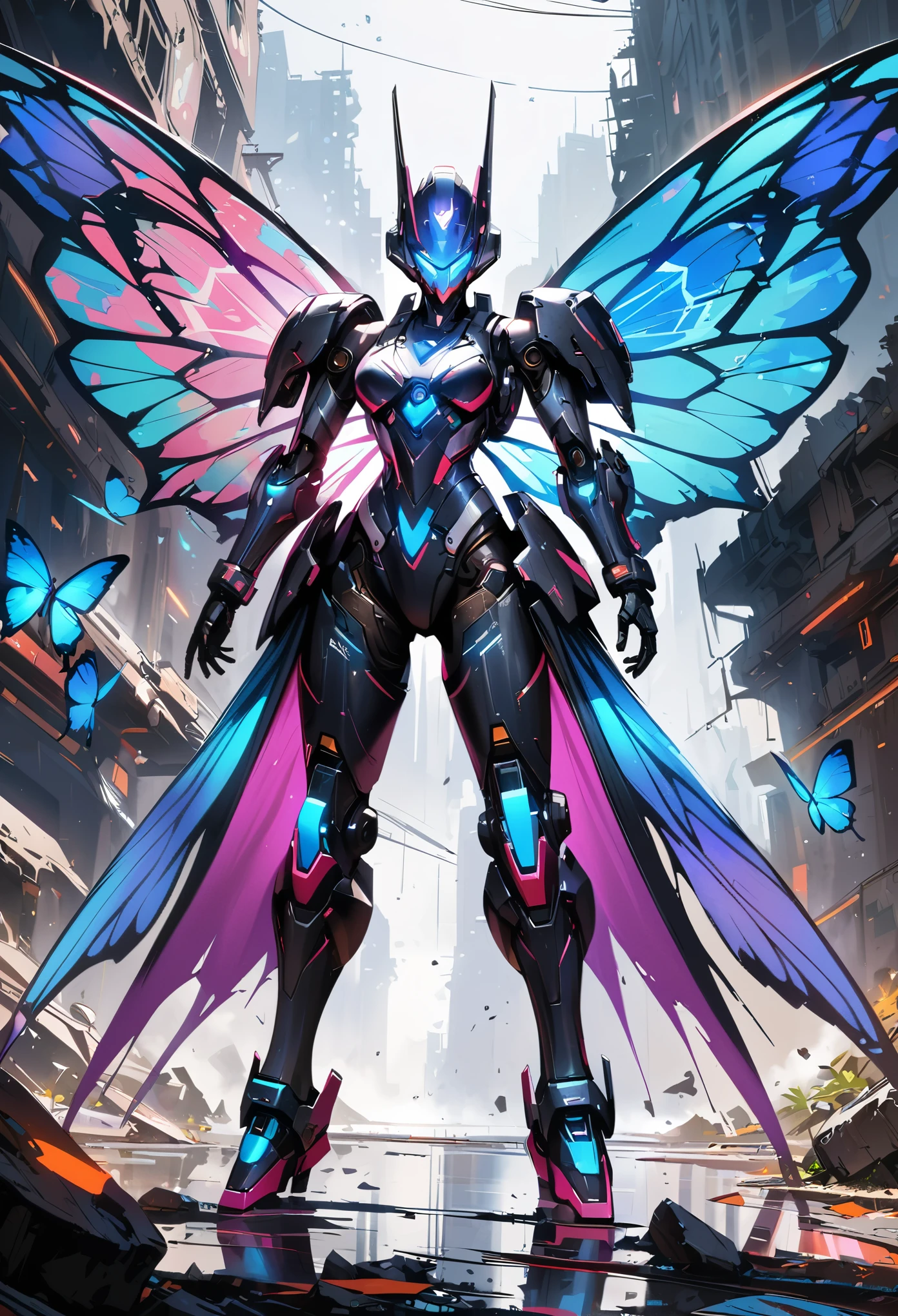 (best quality,4k,highres,masterpiece:1.2), ultra-detailed, realistic:1.37, Millefiori glass style, blue butterfly person, blue butterfly wings, standing, dynamic pose, cute, gears, machinery, mecha, cyberpunk, mechanical design, blue gemstone, futuristic, sci-fi, fluttering, dynamic, concept, lifelike, Unreal Engine 5, black light, reflection, shadows, dystopian background, ruins, dystopian world