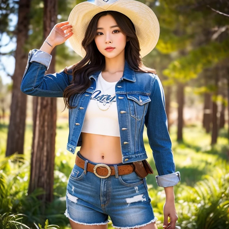 "25 year old young woman, His long hair flowed up.,) Brightly colored leather jacket, dropped waist, shiny, strong stomach.,) ,sexy denim shorts,)  Album cover art by Yang J, Social trend CG, Beautiful cowboy, cowgirl, western cowgirl, forest, There are red flowers around.,Pearl hut from a dilapidated old place,)) Dressed up as a western sheriff.., female cowgirl, Korean girl" (best quality, 10, height:1.2), 8K Special Details, (realistic:1.37), Portrait, Full body, Posing from different angles,, bright colors, Warm light, shot with a high quality camera 45,000,000,000,Pixels,