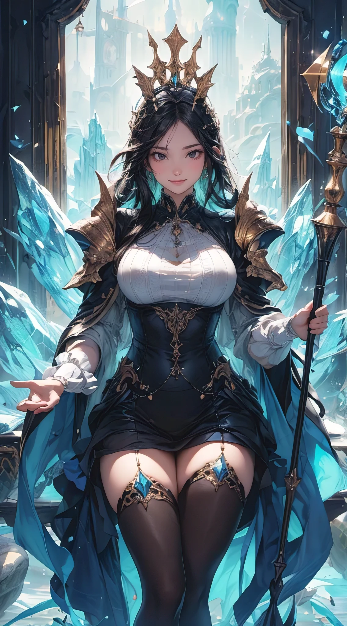 (best quality,4k,8k,highres,masterpiece:1.2),ultra-detailed,(realistic,photorealistic,photo-realistic:1.37), perfect hourglass full body figure, hyperfeminine, wide hips, thick thighs, large breasts, exotic eyes, glowing crystal armor, staff, dangerous allure, magical city, vibrant tones, anime realism, portraits, landscape, HDR, UHD, studio lighting, ultra-fine painting, sharp focus, physically-based rendering, extreme detail description, professional, vivid colors, bokeh, sparkling lights