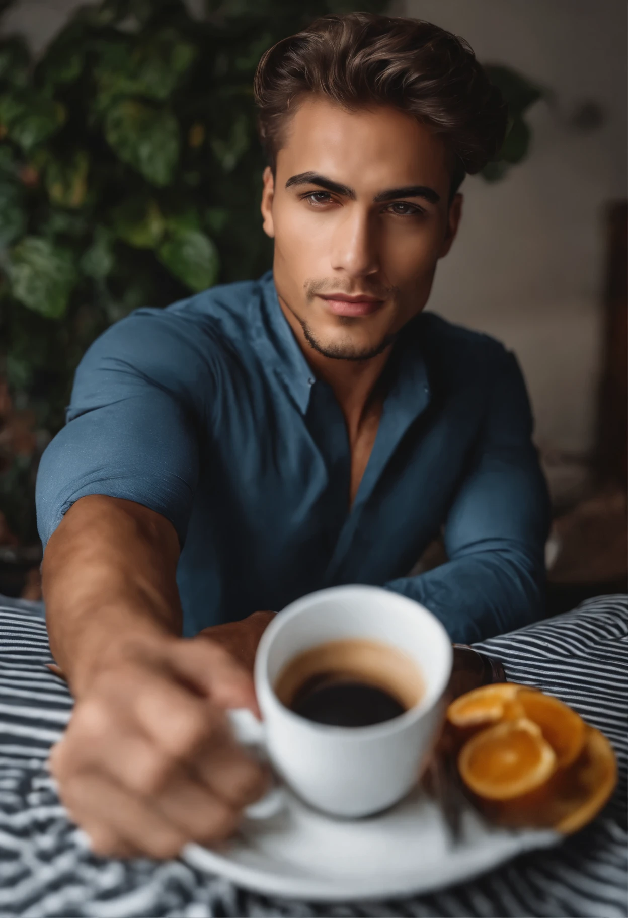 1 homem, 
a 20 y.o muscular man, vestindo camisa branca de manga comprida e gravata, drinking coffee,
luz suave, 
obra-prima, best quality, 8k UHD, DSLR, Filmkorn, Fujifilm XT3 pintura fotorrealista por Midjourney e Greg Rutkowski