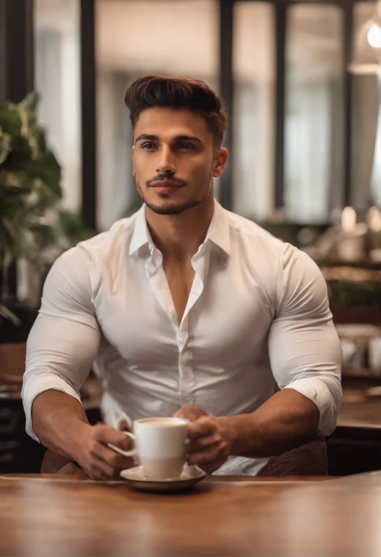 1 homem,
a 20 y.o muscular man, vestindo camisa branca de manga comprida e gravata, drinking coffee,
luz suave,
obra-prima, best quality, 8k UHD, DSLR, Filmkorn, Fujifilm XT3 pintura fotorrealista por Midjourney e Greg Rutkowski