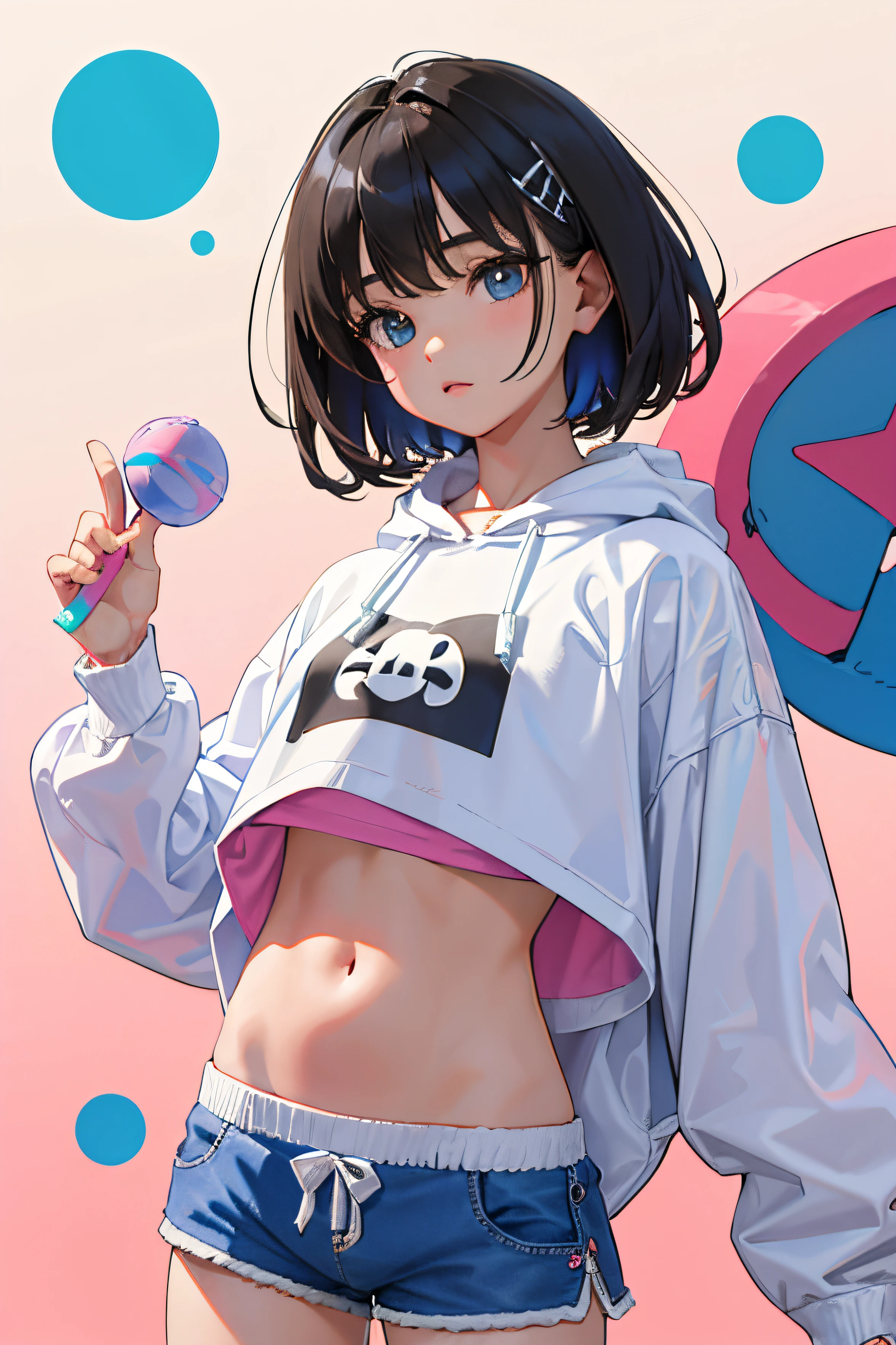 (child),(masterpiece,highest quality),Crop Top Look,Pastel hoodie,(Gingham check shorts),Black-haired,Toy World
