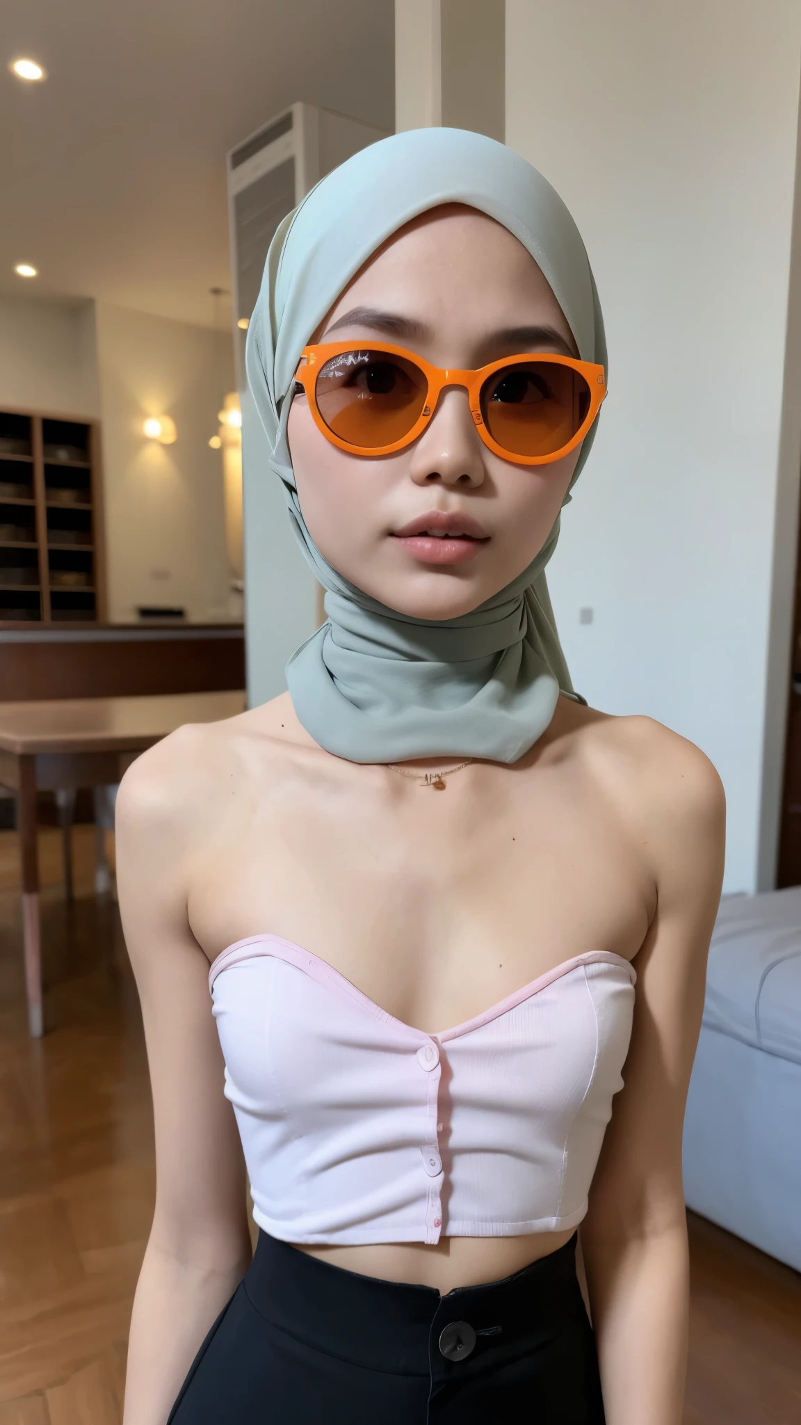 Bodybuilder Naked, (((HIJAB MALAY GIRL))), masutepiece, High quality, UHD 32K, Realistic face, Realistic skin feeling , A Japanese Lady, , , Very cute and baby-like face, (((FLAT CHEST))), (MATRIX WORLD), ((look In front at the camera and SADNESS)), (((ORANGE FLUORESCENT))), (((CUTE GIRL))), ((YELLOW LIPS)), ((wering strapless pastel)) little Bodybuilder, ((flat chest:1.5)), (((sunglasses))), pants