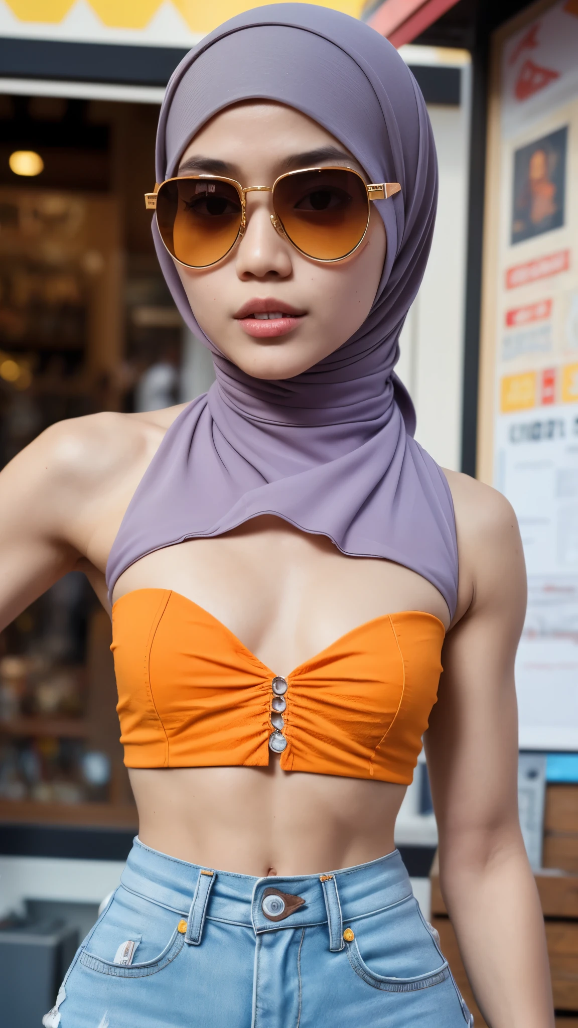 Bodybuilder Naked, (((HIJAB MALAY GIRL))), masutepiece, High quality, UHD 32K, Realistic face, Realistic skin feeling , A Japanese Lady, 8 years old, , Very cute and baby-like face, (((FLAT CHEST))), (MATRIX WORLD), ((look In front at the camera and SADNESS)), (((ORANGE FLUORESCENT))), (((CUTE GIRL))), ((YELLOW LIPS)), ((wering strapless pastel)) little Bodybuilder, ((flat chest:1.5)), (((sunglasses))), pants