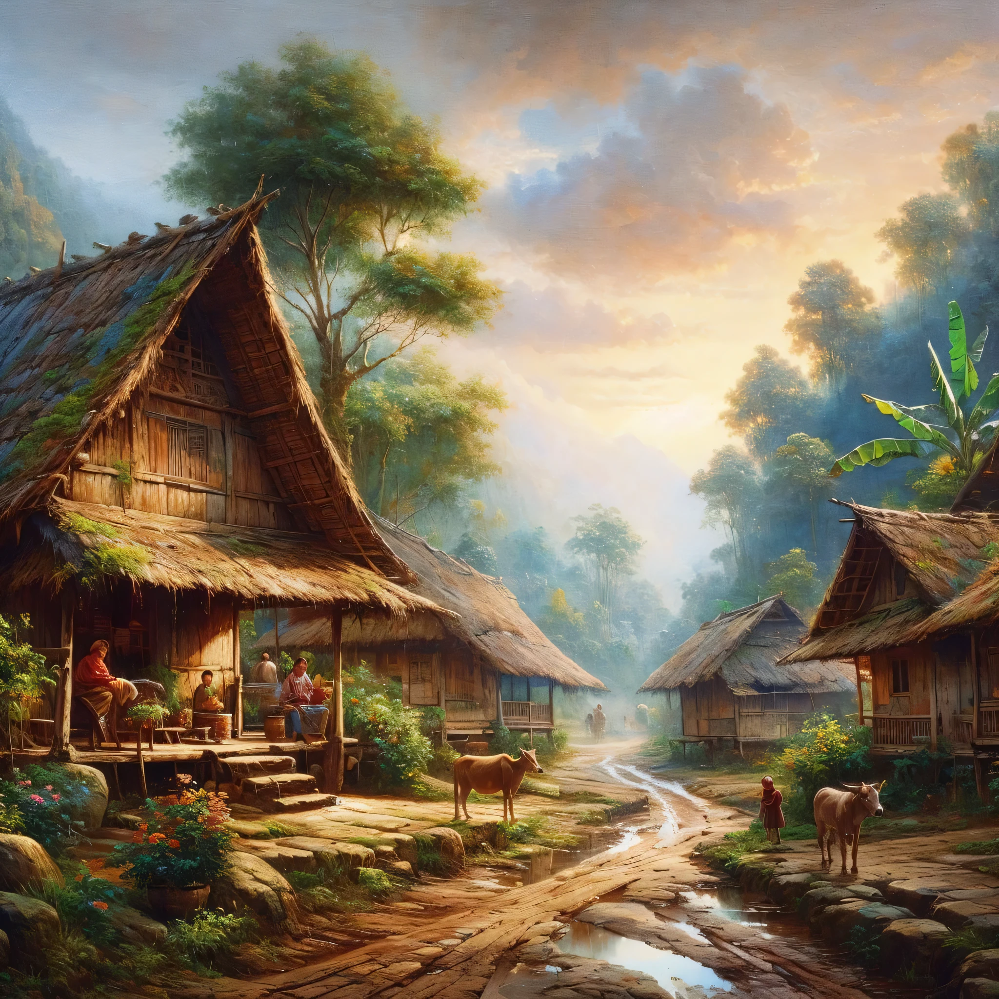 Oil on canvas, painting of a scene, rural home in Indonesian Village