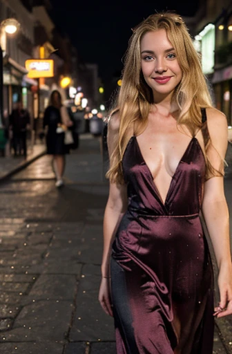 Night shot of a 29 year old woman with messy long blonde hair, wear a fashionable long dress, pink lips, I walk and smile on the street, dirty blonde hair, green eyes, realistic photography