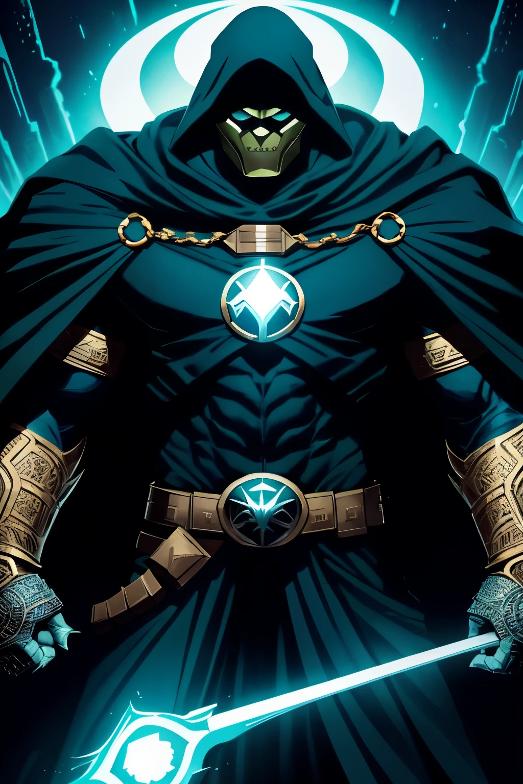 Dr. Doom, the menacing villain, stands proudly in his iconic white and gold costume. The intricate details of the armor-like attire are meticulously captured, shimmering under the soft lighting. His intense gaze, conveyed through perfectly symmetrical, piercing red eyes, radiates malice and determination. Dr. Doom's pale, smooth skin adds an otherworldly allure to his imposing presence. Despite his dark intentions, there's an undeniable charisma about him, making this character portrait an intriguing masterpiece.