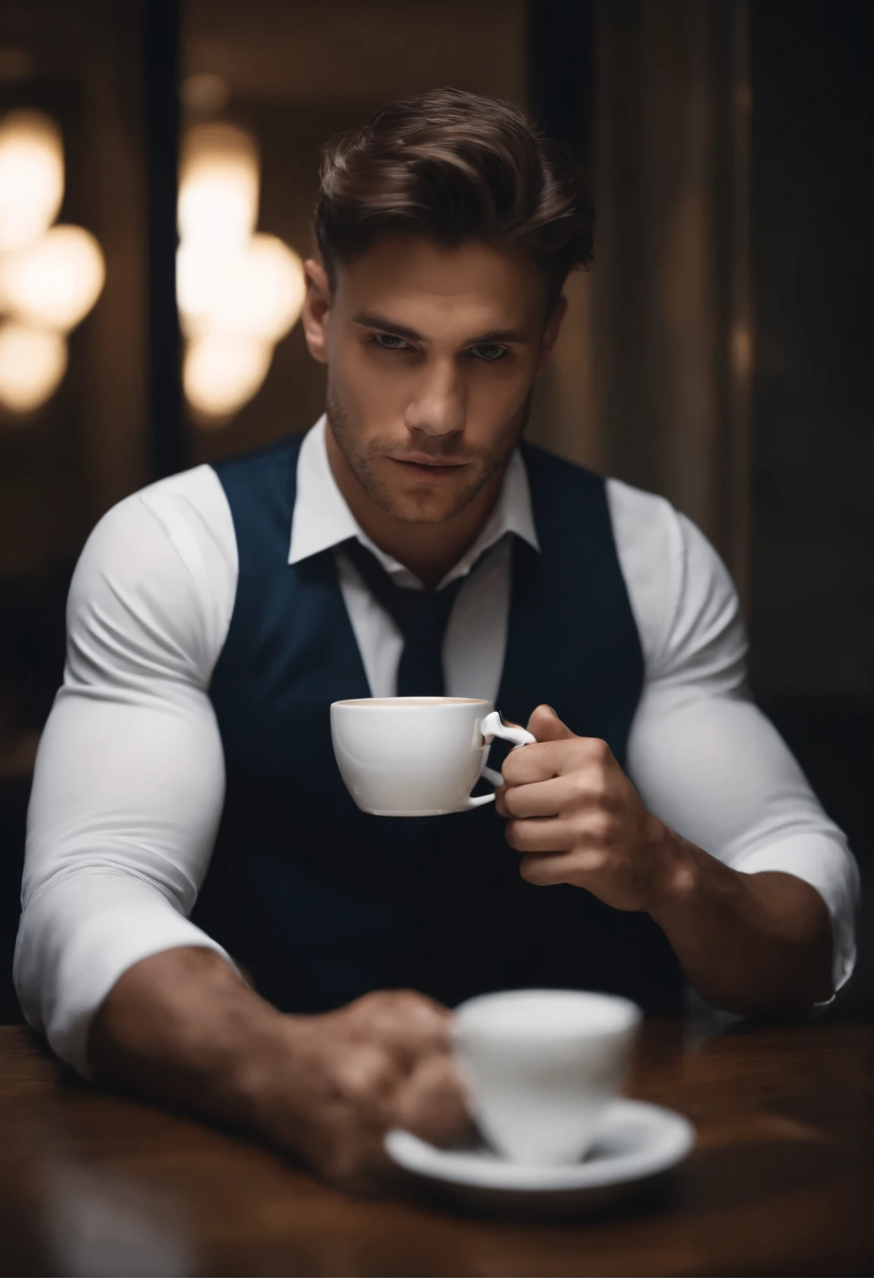1 homem, 
a 20 y.o muscular man, vestindo camisa branca de manga comprida e gravata, drinking coffee,
luz suave, 
obra-prima, best quality, 8k UHD, DSLR, Filmkorn, Fujifilm XT3 pintura fotorrealista por Midjourney e Greg Rutkowski