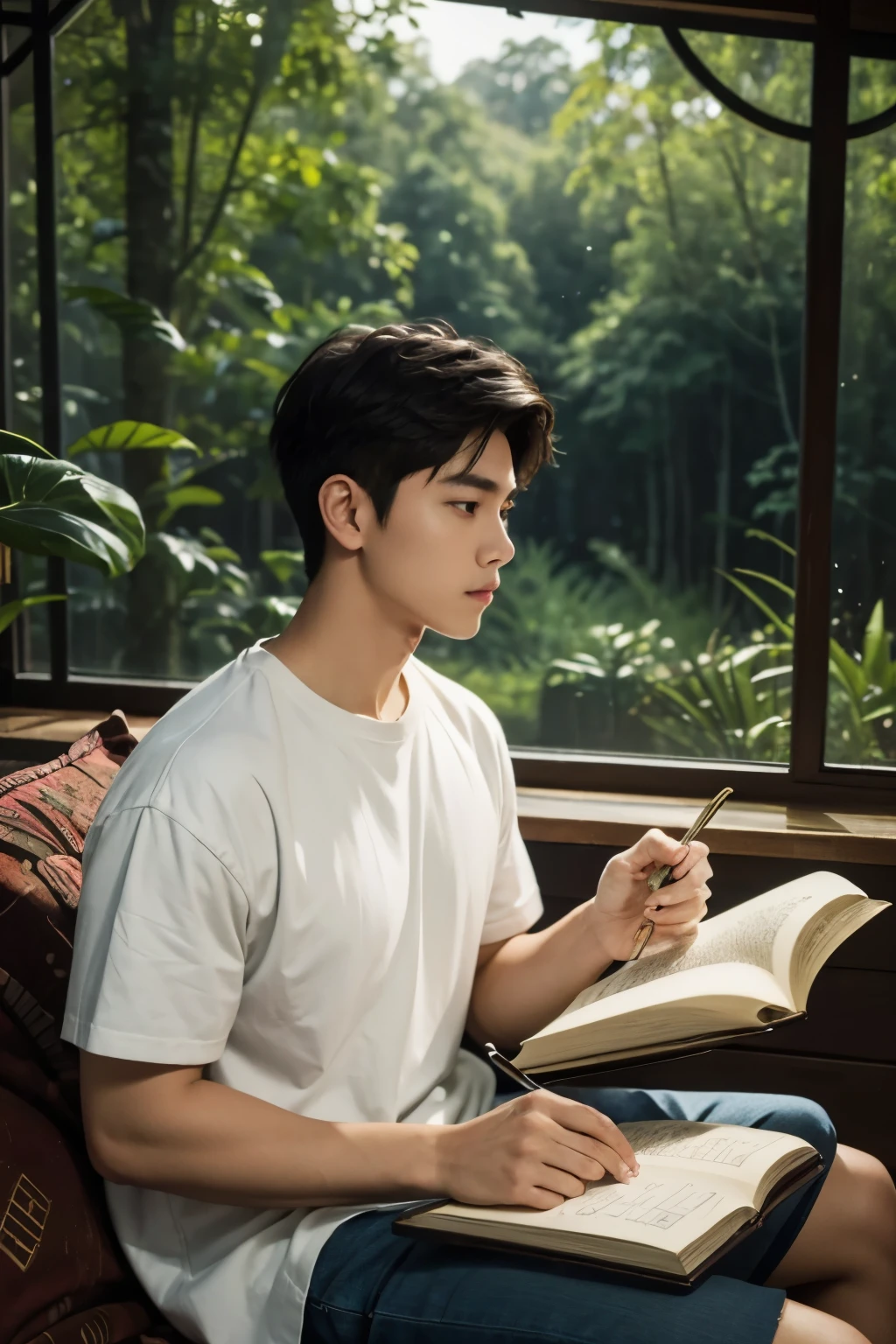 ((Best quality)), ((masterpiece)), (detailed), ((perfect face)), ((halfbody)) handsome young artist, filipino guy engaging in various activities within his cozy home nestled in a serene forest. Capture moments of his daily life, such as painting, reading, playing a musical instrument, or enjoying a cup of tea, as he explores his creativity and self-discovery, all while surrounded by the warmth and comfort of his sanctuary