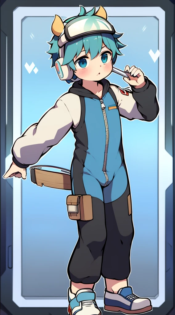2D Boy Shota,One-piece mountaineering suit,Put the headphones on your head,permanent,goggles,trumpet,Cow ears,sports shoes,Pull down the zipper,Standing