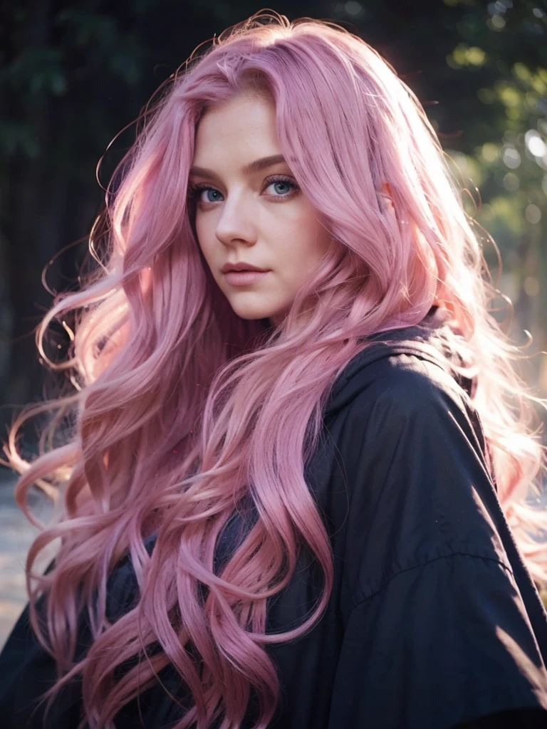 a woman, long curly hair, pink hair, blue eyes, Eleven, dark forest, windy hair, hood, dark steal, bright eyes, elf