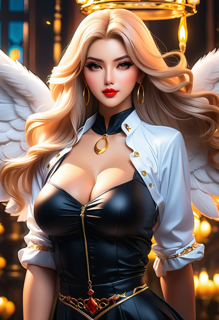 In a mesmerizingly portrayal, thick women busty, a glam-goth goddess angel her Age 28, clean skin,blonde, midriff, trending on cgsociety, epic, trending on artstation, highly detailed, vibrant, production cinematic character render, ultra-high-quality model, golden ratio manhwa, manhua, background mysterious, does not produce same pose when remixed.