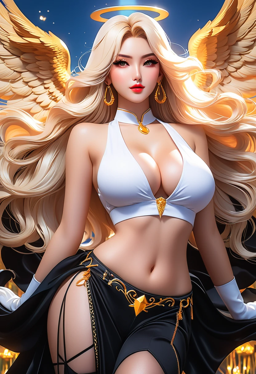 In a mesmerizingly portrayal, thick women busty, a glam-goth goddess angel her Age 28, clean skin,pretty hair, midriff club wear, trending on cgsociety, epic, trending on artstation, highly detailed, vibrant, production cinematic character render, ultra-high-quality model, golden ratio manhwa, manhua, background mysterious, does not produce same pose when remixed.