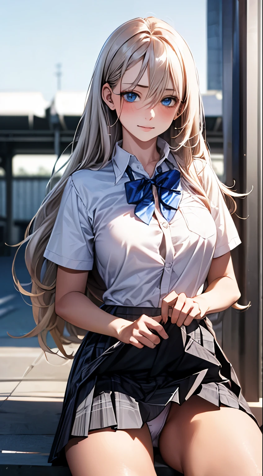 (masterpiece:1.2, highest quality), (Realistic, photoRealistic:1.4), Beautiful illustrations,
View your viewers, whole body, Front view:0.6,
1 girl, Japanese, high School girl, (Long Hair:1.5), Hair fluttering, (Half Up, Half Updo), bangs, Hair between the eyes, Large Breasts:0.8,
Beautiful Hair, Beautiful Face, Beautiful fine details, Beautiful clavicle, Beautiful body, Beautiful breasts, Beautiful thighs, Beautiful feet, Beautiful fingers,
(Beautiful views), , School,
((Collared short-sleeved shirt, White shirt, , Grey plaid pleated skirt, Blue checked bow tie)), White panties,
(Are standing, , Lift up your skirt, Grab the hem of your skirt, Place your hand on your chest, Place your hands between your legs),
blush, ,blue eyes,White Hair