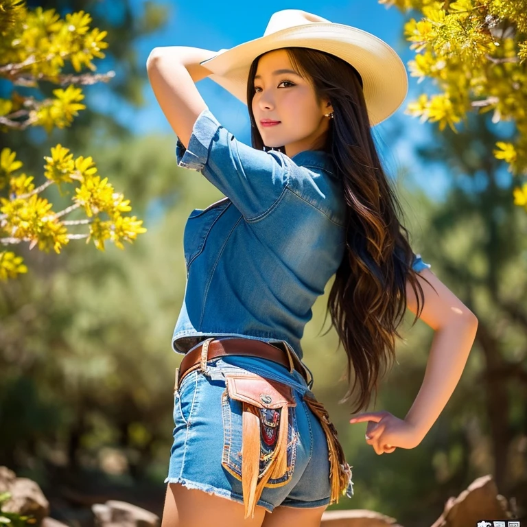 "25 year old young woman, His long hair flowed up.,) Brightly colored leather jacket, dropped waist, shiny, strong stomach.,) ,sexy denim shorts,) Album cover art by Yang J, Social trend CG, Beautiful cowboy, cowgirl, western cowgirl, forest, There are red flowers around.,Pearl hut from a dilapidated old place,)) Dressed up as a western sheriff.., female cowgirl, Korean girl" (best quality, 10, height:1.2), 8K Special Details, (realistic:1.37), Portrait, Full body, Posing from different angles,, bright colors, Warm light, shot with a high quality camera 45,000,000,000,Pixels,