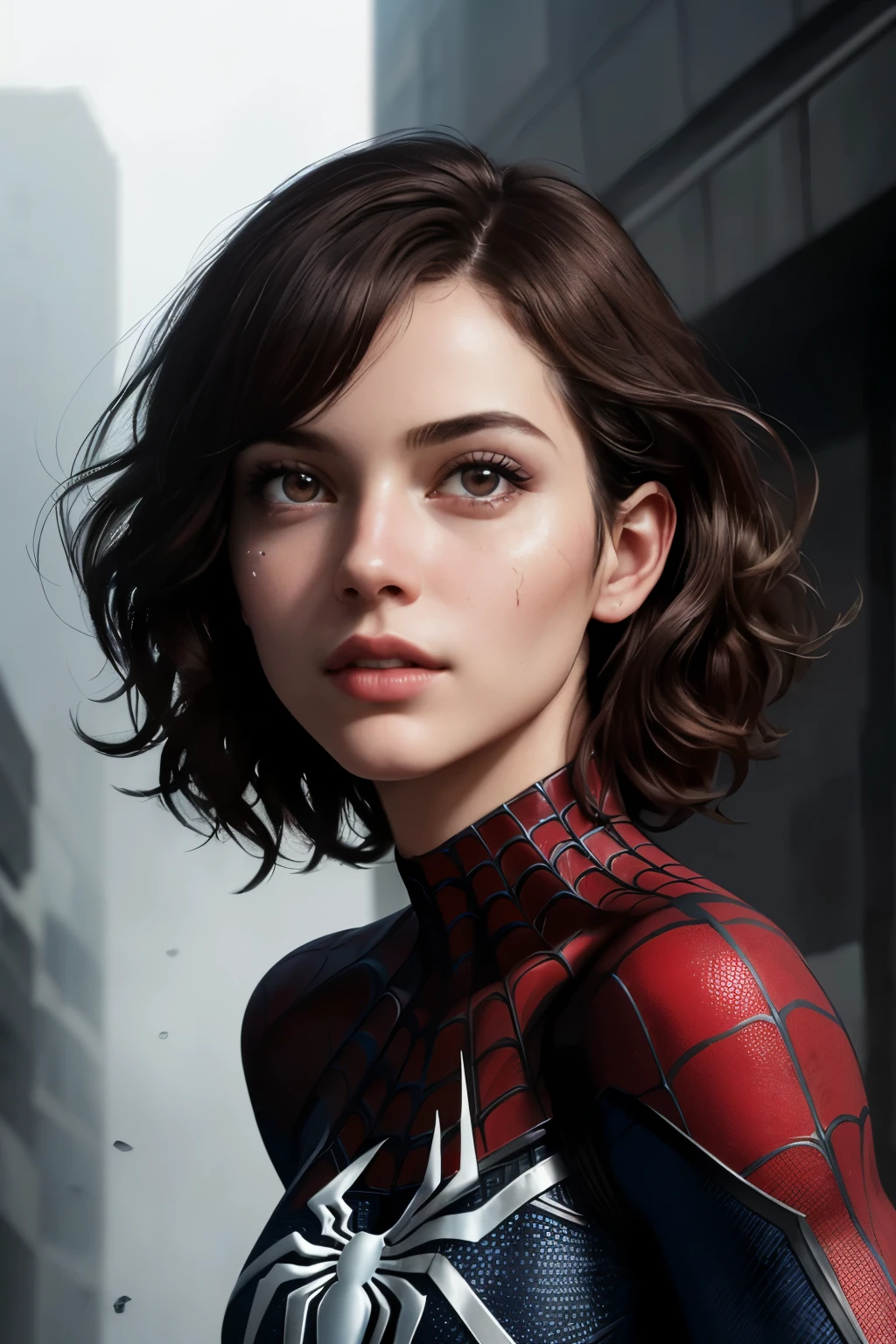 , (1girl:1.3), Solo, (((Very detailed face)))), ((Very detailed eyes and face)))), Beautiful detail eyes, Body parts__, Official art, Unified 8k wallpaper, Super detailed, beautiful and beautiful, beautiful, masterpiece, best quality, original, masterpiece,{posture; jumping through buildings with spiderweb like spiderman do)),  super fine photo, best quality, super high resolution, realistic realism, avengers end game climax background, full body portrait, amazing beauty, dynamic pose, delicate face, vibrant eyes, (from the front), ((She wears Spider-Man suit, red and black color scheme, short wavy hair, oval face, fair skin tone, messy hair)), spider, very detailed avengers end-game background, detailed face, detailed complex busy background, messy, gorgeous, milky white, highly detailed skin, realistic skin details, visible pores, clear focus, volumetric fog, 8k uhd, DSLR, high quality, film grain, fair skin, photo realism, lomography, futuristic dystopian megalopolis, translucent