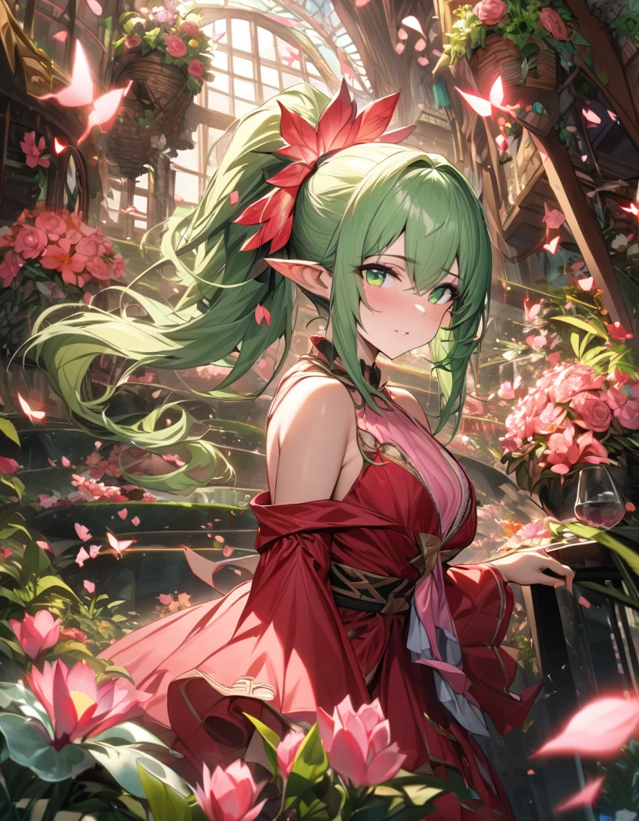 (absurdres, highres, ultra detailed, HDR) master piece, best quality, perfect face, Tiki, light-green hair tied in a ponytail, pointy ears, expressive green eyes, Fire Emblem Awakening, solo, girl, extremely beautiful, pretty, red dress, glass pink flowers, glass pink petals, glass pink butterflies, glass garden, glass blossoms, everything made with glass