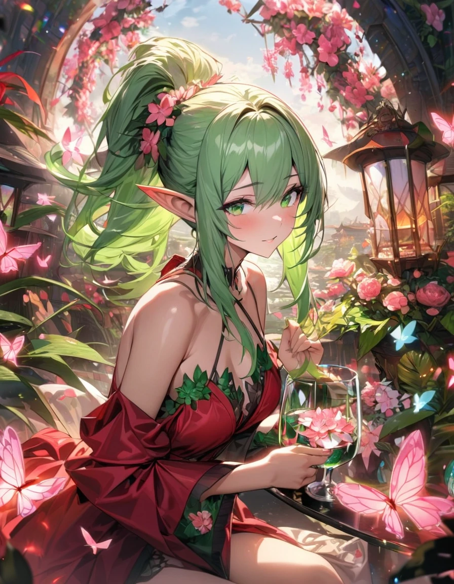 (absurdres, highres, ultra detailed, HDR) master piece, best quality, perfect face, Tiki, light-green hair tied in a ponytail, pointy ears, expressive green eyes, Fire Emblem Awakening, solo, girl, extremely beautiful, pretty, red dress, glass pink flowers, glass pink petals, glass pink butterflies, glass garden, glass blossoms, everything made with glass