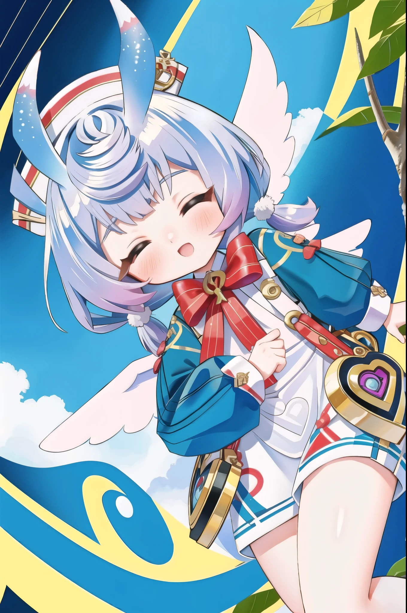 (masterpiece, best quality, highres, ultra detailed:1.2), (solo, 1girl), BREAK, sigewinne, closed eyes, blue hair, low twintails, animal ears, hat, long sleeves, gloves, dress, pants, leggings, wings, BREAK, smile, open mouth, blush, (jumping, one leg up:1.3), (looking upwards, looking at viewer:1.2), BREAK, (blue sky, clouds, outdoors, forest, plants, leaves, detailed background:1.3)