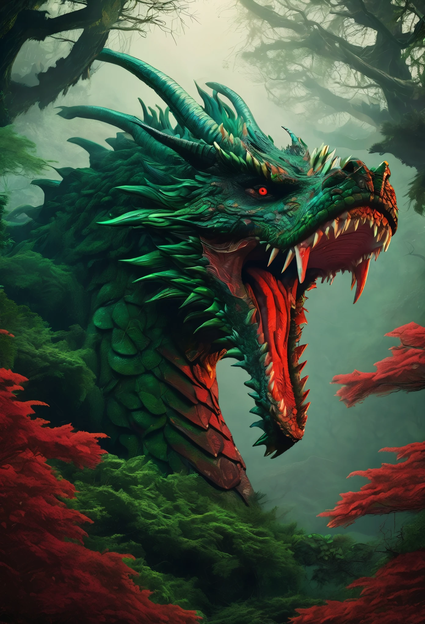 facing to the viewer, Mystical giant looks like a giant dragon dracarys (((gentle creature made of mist))), insane huge size, intricate patterns of red in its dark green fur, in a dark scary highly detailed forest, surrounded by birds.