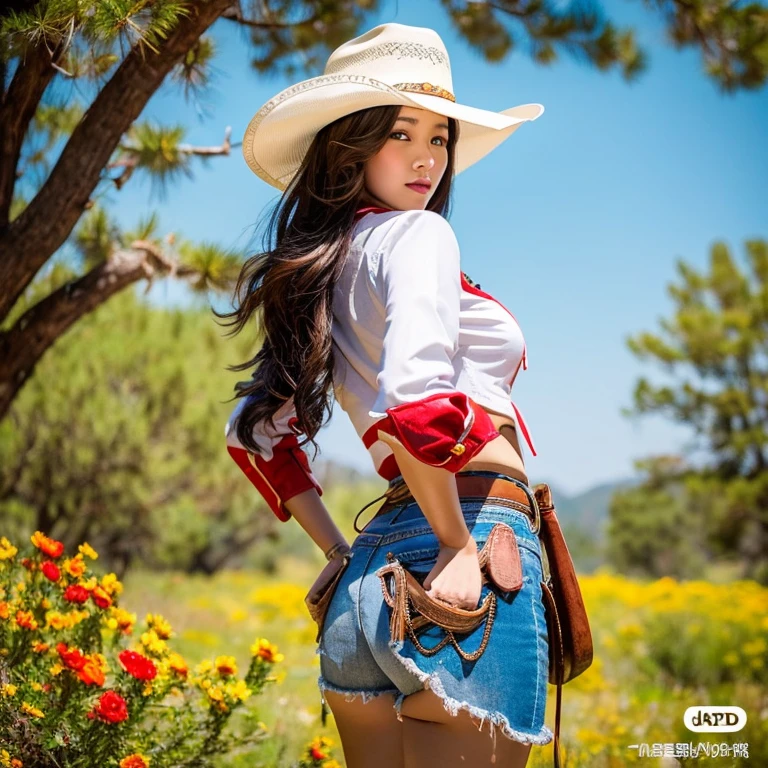 "25 year old young woman, His long hair flowed up.,) Brightly colored leather jacket, dropped waist, shiny, strong stomach.,) ,sexy denim shorts,)  Album cover art by Yang J, Social trend CG, Beautiful cowboy, cowgirl, western cowgirl, forest, There are red flowers around.,Pearl hut from a dilapidated old place,)) Dressed up as a western sheriff.., female cowgirl, Korean girl" (best quality, 10, height:1.2), 8K Special Details, (realistic:1.37), Portrait, Full body, Posing from different angles,, bright colors, Warm light, shot with a high quality camera 45,000,000,000,Pixels,