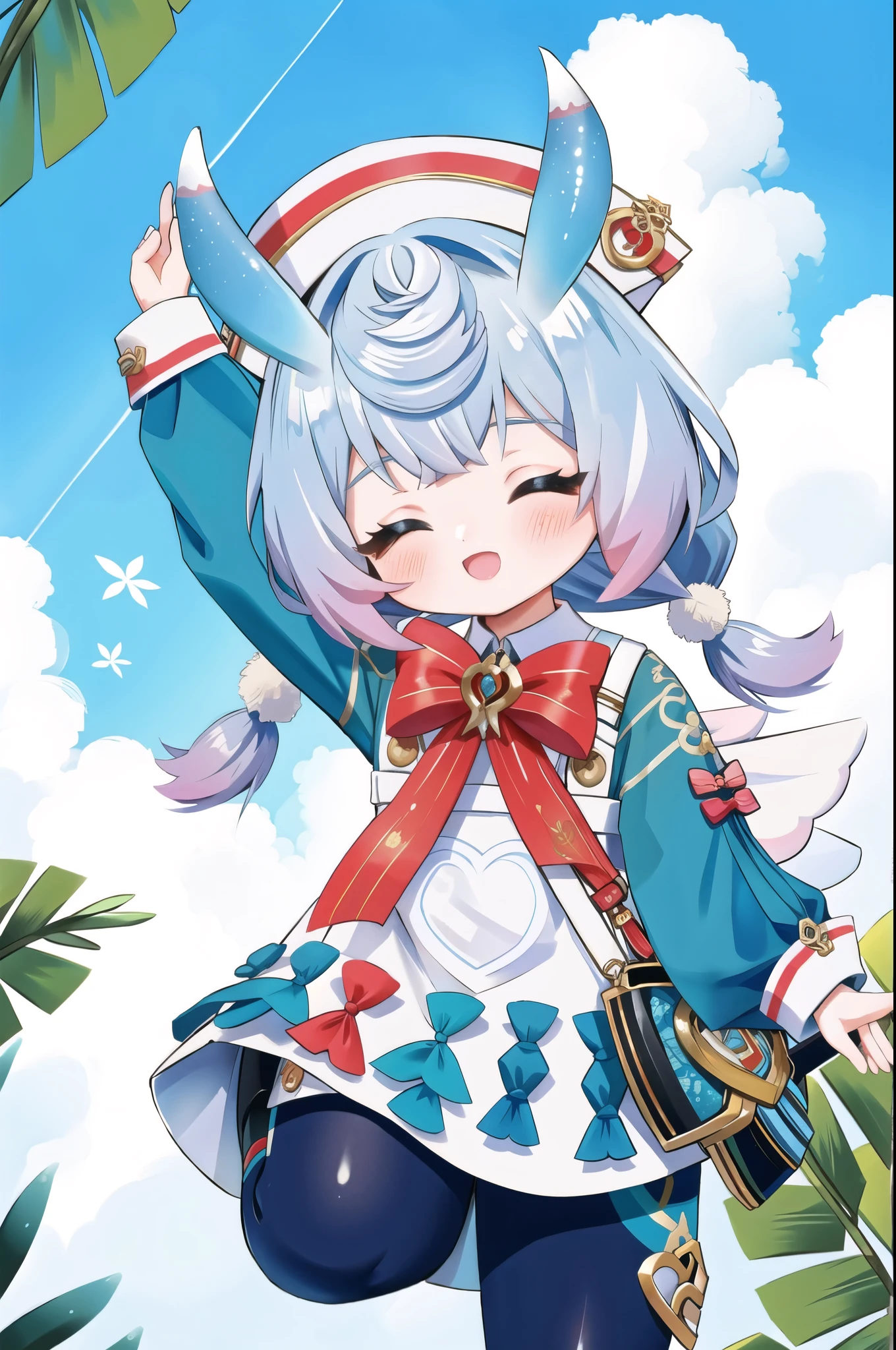 (masterpiece, best quality, highres, ultra detailed:1.2), (solo, 1girl), BREAK, sigewinne, closed eyes, blue hair, low twintails, animal ears, hat, long sleeves, gloves, dress, pants, leggings, wings, BREAK, smile, open mouth, blush, (jumping, one leg up:1.3), (looking upwards, looking at viewer:1.2), BREAK, (blue sky, clouds, outdoors, forest, plants, leaves, detailed background:1.3)