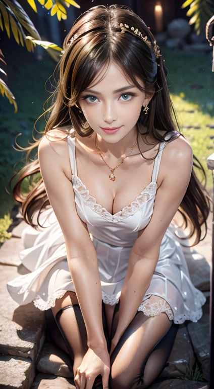 Special clothing 58,White Dress,pantyhose,Green ribbon,Striped, ((whole body)), ((Leaning forward)), (Lean forward, bend over), ((From above)), ((Realistic)), 1 girl, Photo pose, Outdoor Scene, night, Light, stand up, Comfortable posture, Eye-catching pose, Beautiful feet, Looking at the audience, Detailed Scene, curly, water, Beautiful hair accessories, Brownish yellow hair, light makeup, blush, Lip gloss, (Campus Style), Warm Light, Warm color palette, detailed details, Very detailed, (masterpiece, highest quality), (This is a very delicate and beautiful piece.), Delicate earrings, Delicate necklace, Simple blur background, Extreme Detail, Ultra-fine painting, Delicate face, Slim and toned body, Slim your waist, (Grin, happy Grin, Bare your teeth), (Correct Anatomy)