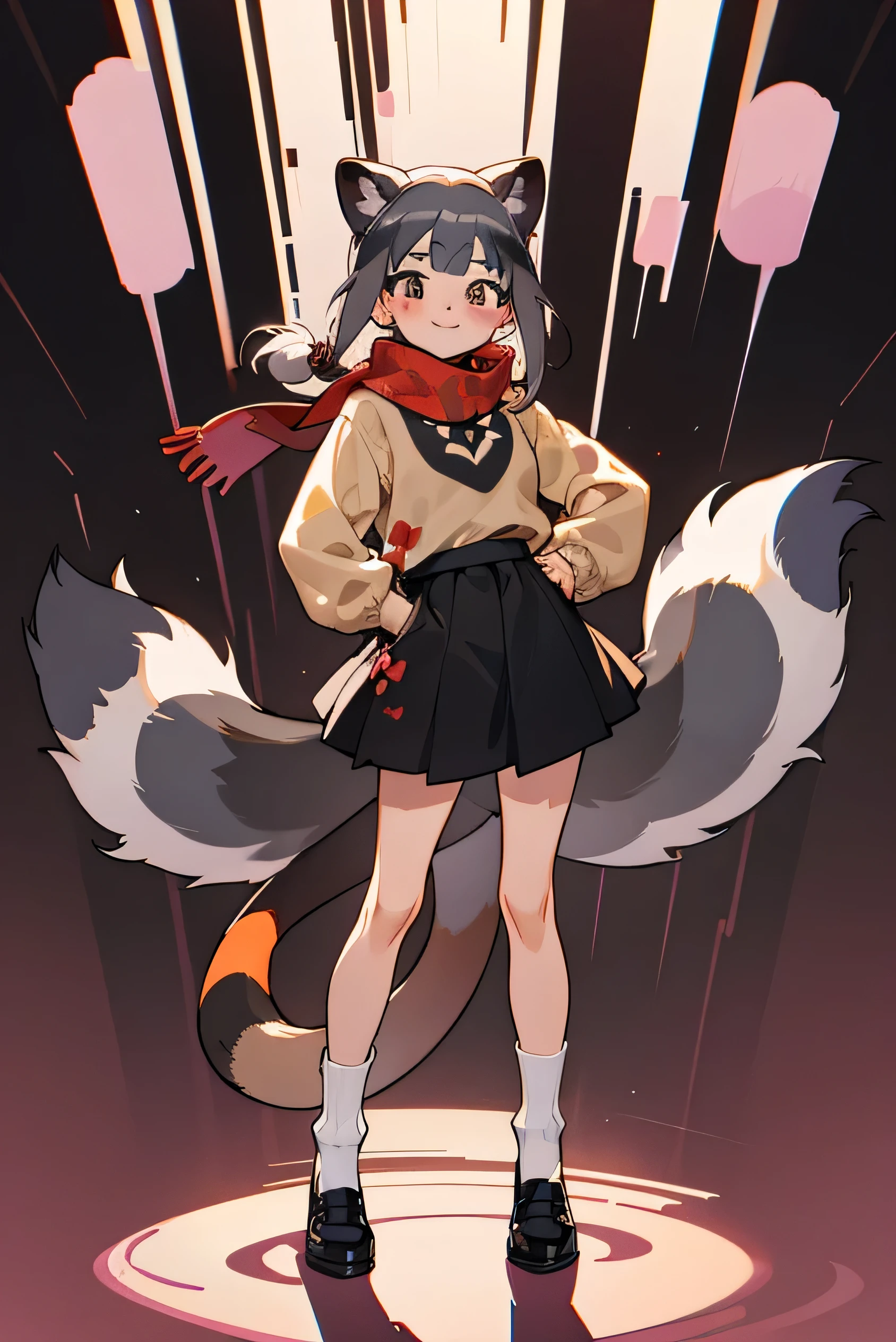 Raccoon Lady，Hands on hips，Stand with your legs open，Eye contact，Smiling face，Hot face，Blushing face，Full body view，Light grey hair，Raccoon pattern，Red scarf，Dark Brown Low Neck Wide Sweater，Wear a beige short-sleeved sweater，Black long skirt，Raccoon tail，Clear facial features，Shy expression，Backlit environment，Animal ears，Q Print Style，Bangs，Medium-length hair，side hair bun，personality，White bubble socks，Black leather shoes，Inward Eight Stance，Anime style，Vaporwave style